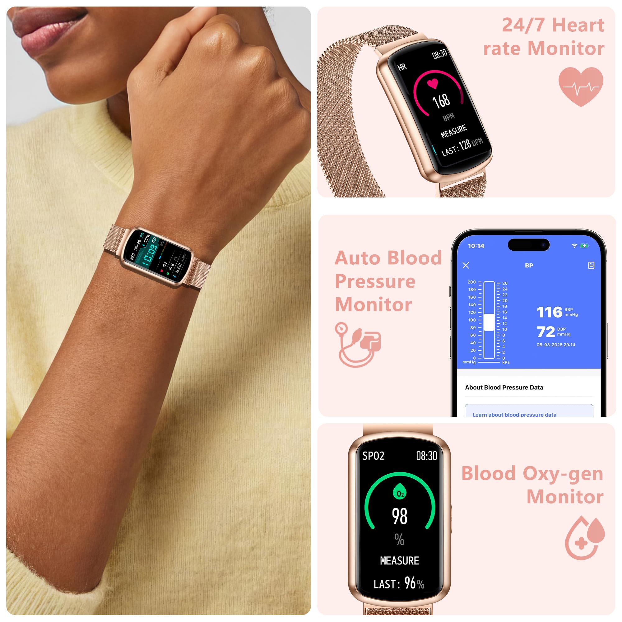 Monitor de salud y fitness, reloj inteligente con frecuencia cardíaca 24/7, rastreador de actividad con monitor de presión arterial y oxígeno en sangre, 120 modos deportivos, impermeable, rastreador