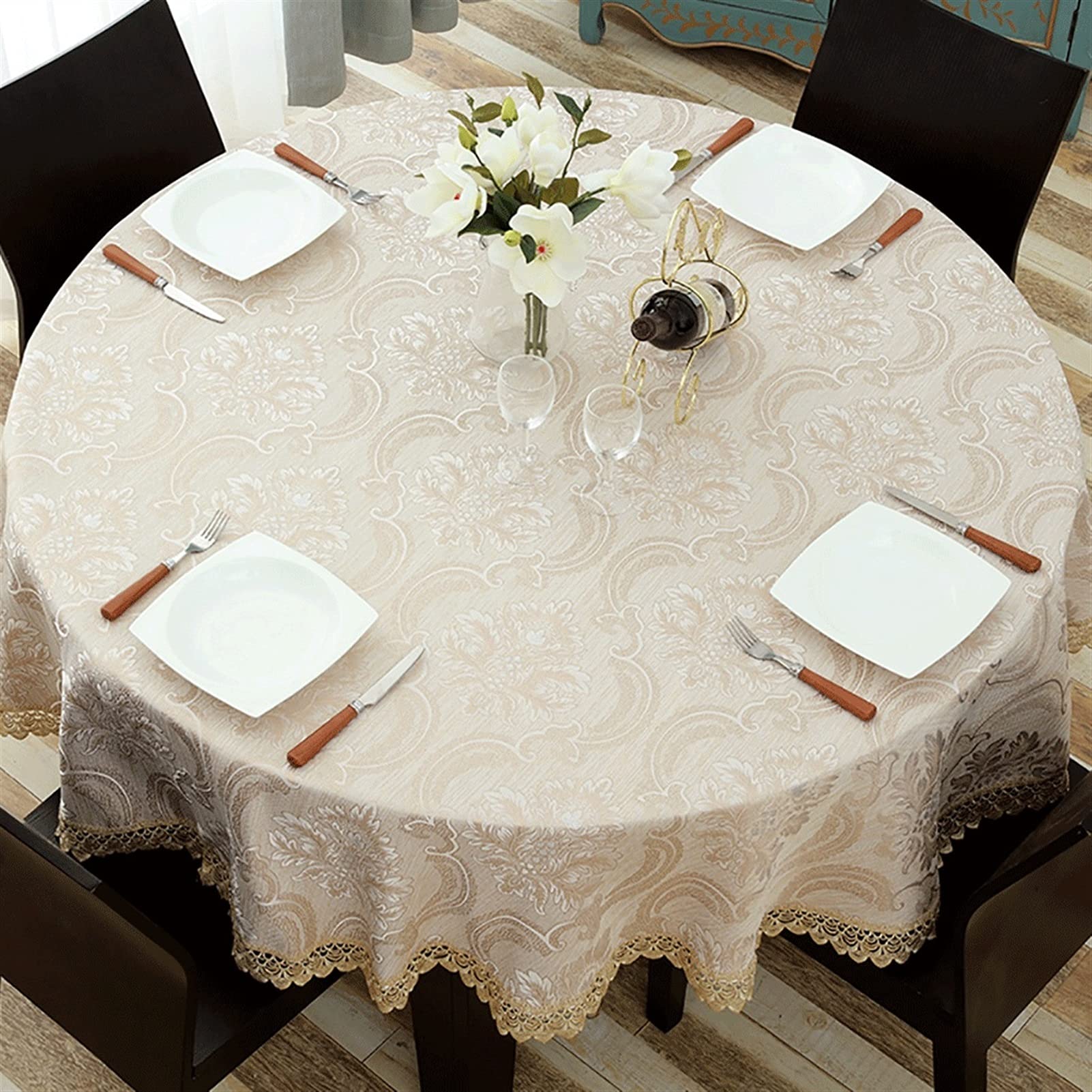 Nappe ronde moderne beige de 120cm pour repas de cuisine conviviaux en famille