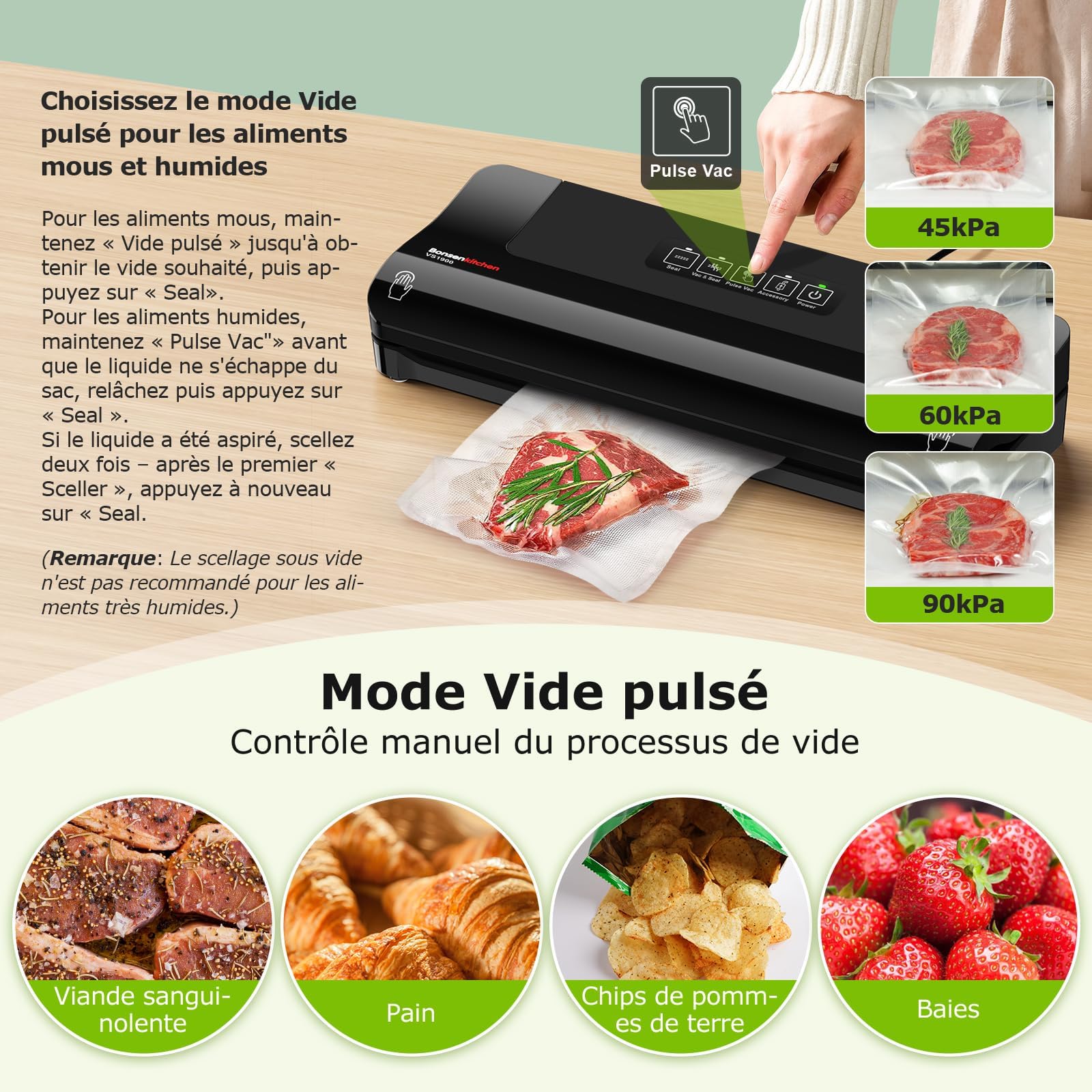 Bonsenkitchen Machine sous vide alimentaire – Appareil compact multifonction avec 4 modes, 5 sacs sous vide et tuyau d’aspiration pour conserve sous vide maison
