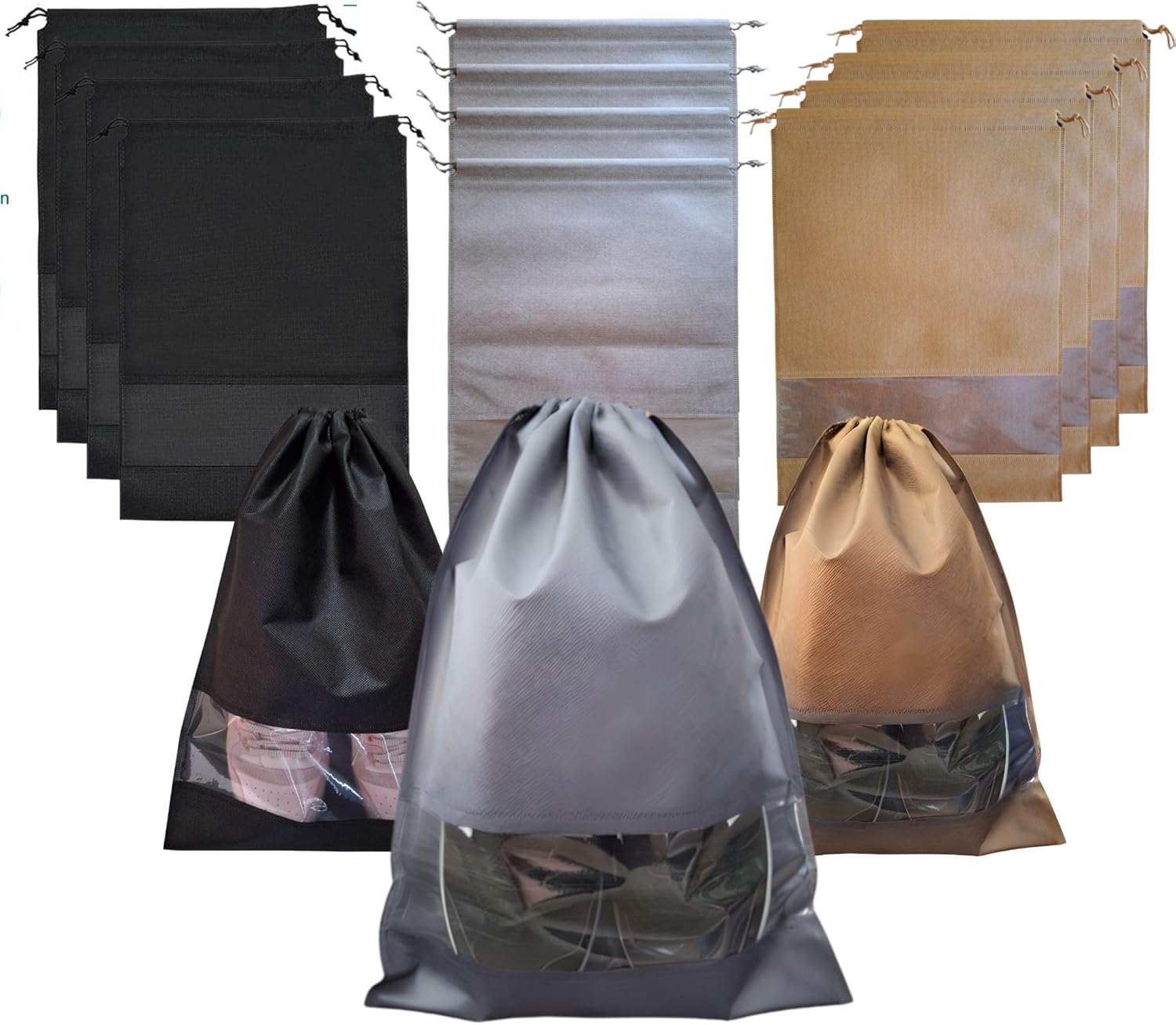 12 PCs Shoe Bags for Travel, Packing, Storage, Organizing & Suitcase. Reusable Dustproof & Water Resistant Sneakers Pouch Protectors with Clear Window & Drawstring. Laundry & Toys (Sand, Gray & Black)