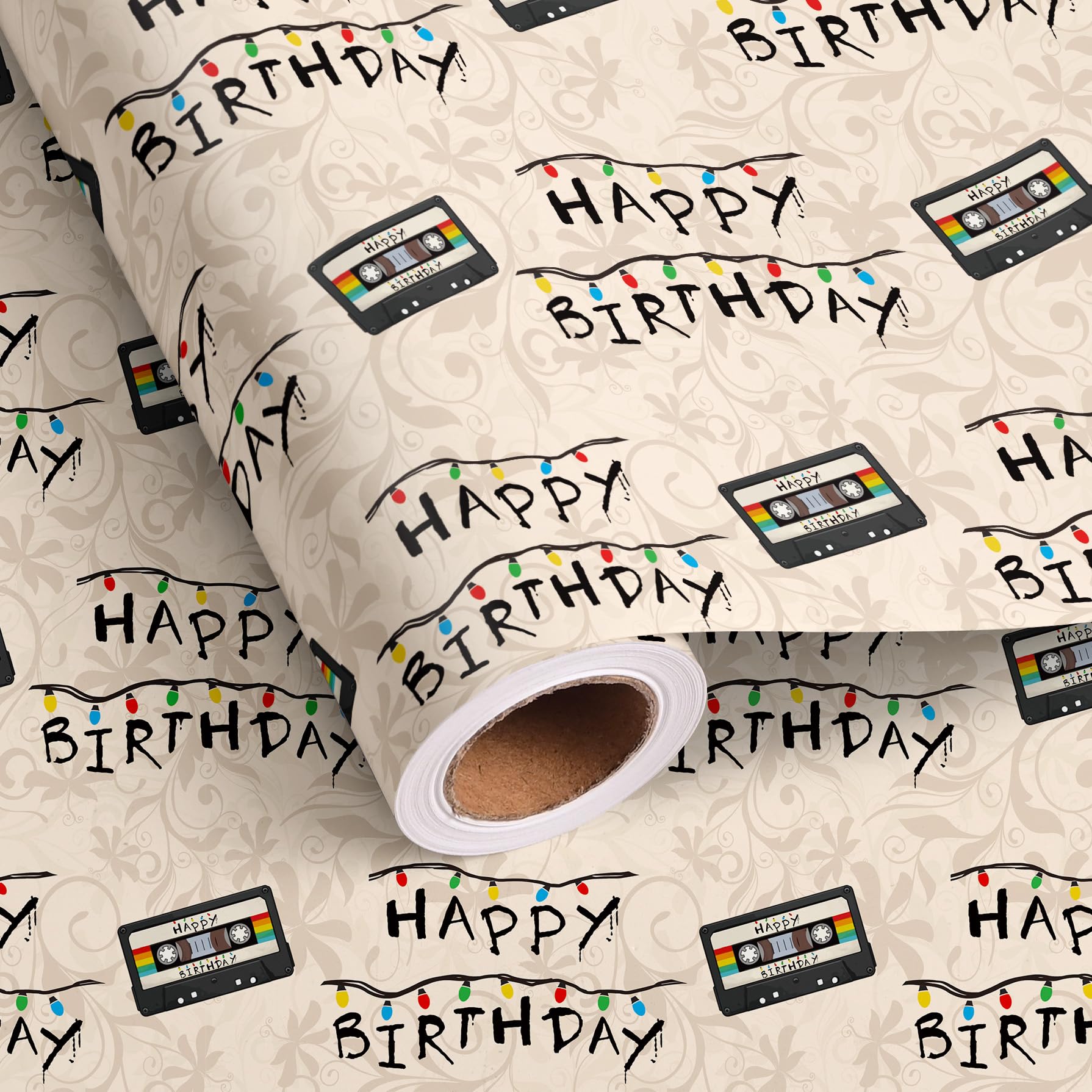 lopmou Urodzinowa rolka papieru do pakowania dla mężczyzn, kobiet, dzieci, vintage, neonowa taśma kasetowa, z napisem "Happy Birthday", opakowanie prezentowe (łącznie 28,5 m2)