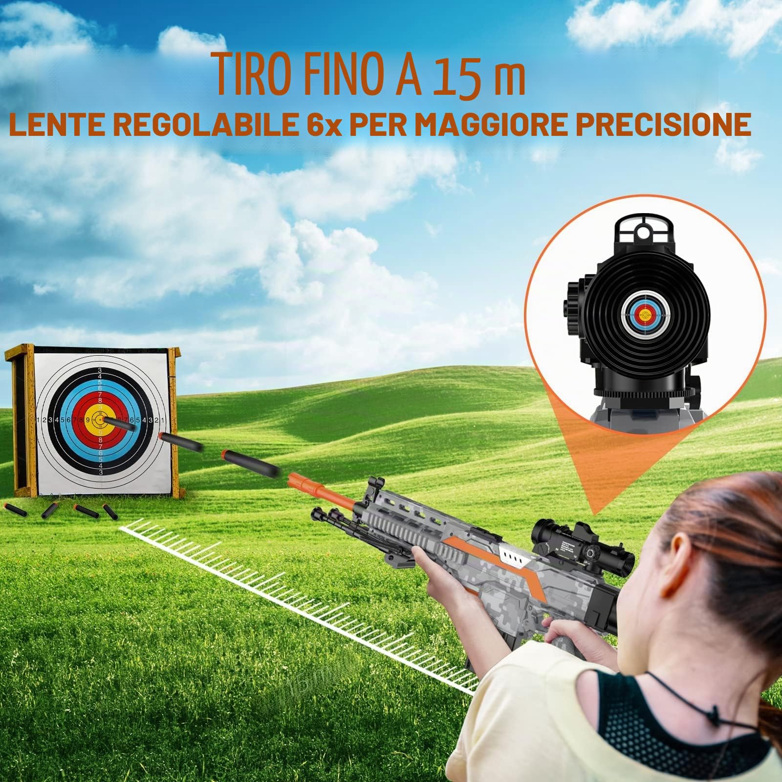Pistola giocattolo elettrica Sniper, 3 modalità, Pistola in schiuma giocattolo automatico con portata 2 riviste, 100 freccette, fucile da cecchino elettrico giocattolo per bambini grigio