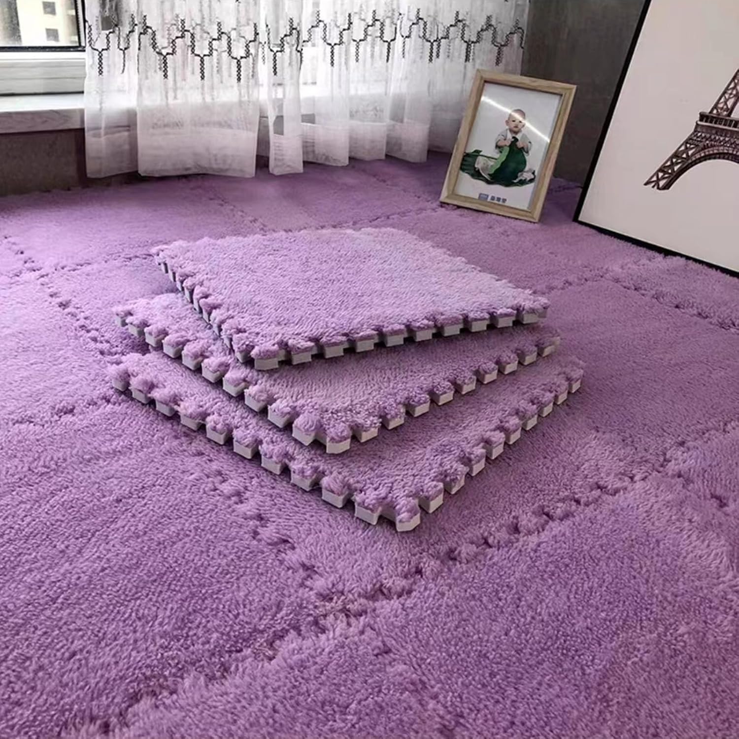 Pluszowa mata do raczkowania, Pluszowy piankowy dywanik podłogowy z puzzlami Miękki antypoślizgowy wielokolorowy 12 sztuk(Purple)
