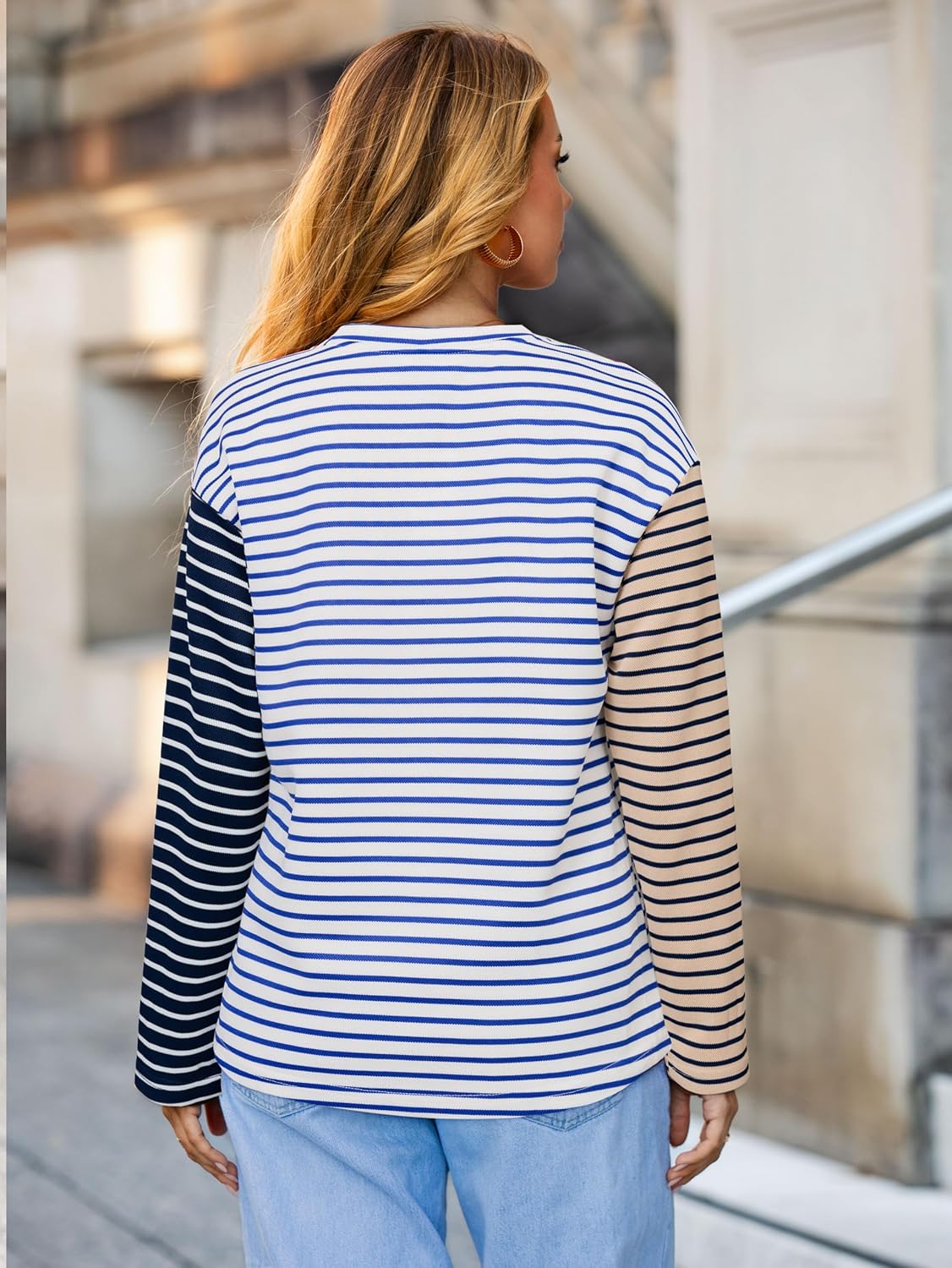 Glamaker Womens Striped Crewneck Sweatshirt Casual Color Block Top Long Sleeve Shirts Pullover Fall Outfits - Image 3