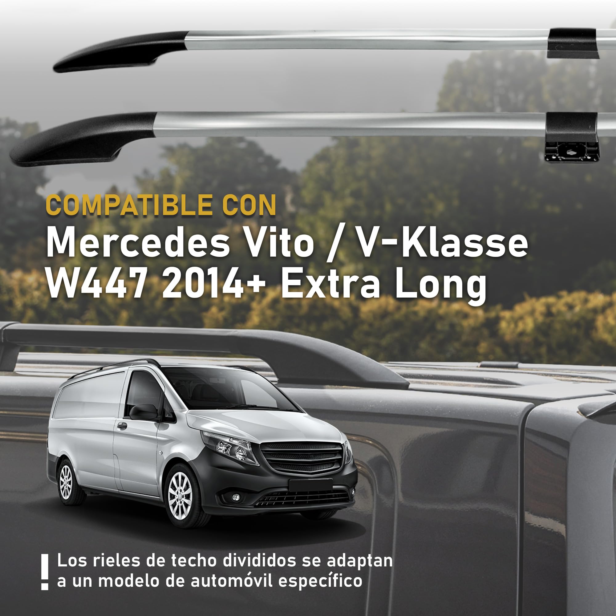 CHROMEMASTER | Compatible con Mercedes Vito V-Klasse W447 Extra Long 2014+ | Barras Portaequipajes, Rieles de Techo; Se Utilizan para el Montaje de Portaequipajes de Techo, Cajas de Techo