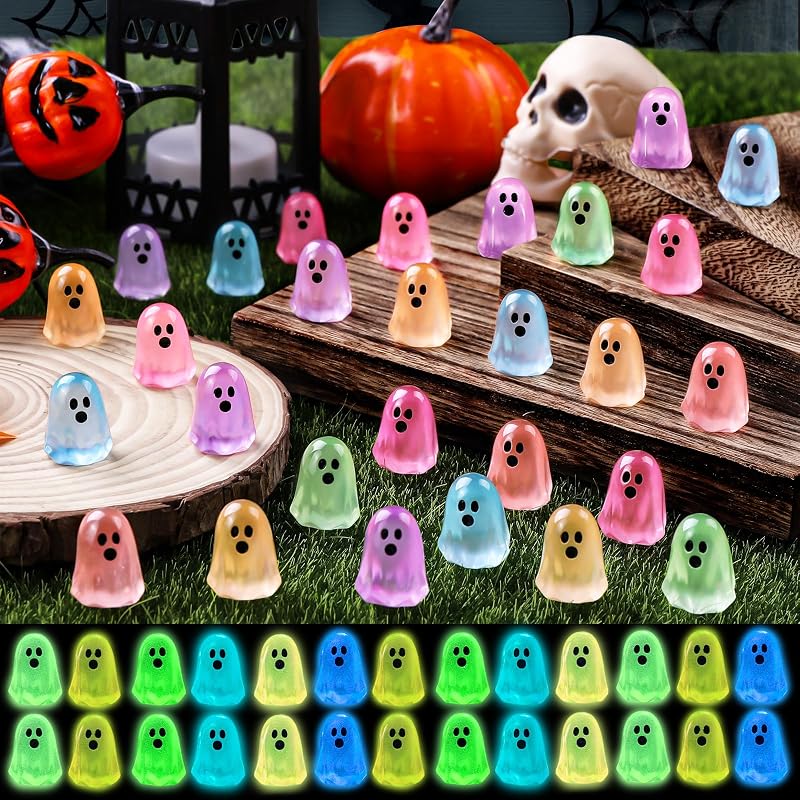 DULEFUN 100 figuras de mini fantasmas de Halloween, pequeñas y luminosas figuras de fantasmas de resina para ocultar el brillo en la oscuridad, pequeña estatua para regalos de fiesta de Halloween, decoración de casa de muñecas, juguetes