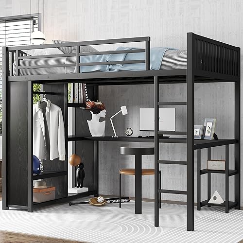 Full XL Loft Bed with Desk and Storage Shelves, Full XL Loft Bed with Wardrobe and Hanging Rod, Game Loft Bed with Guardrail and Ladder, Heavy Duty Loft Bed for Adults Teens(Full XL Balck)