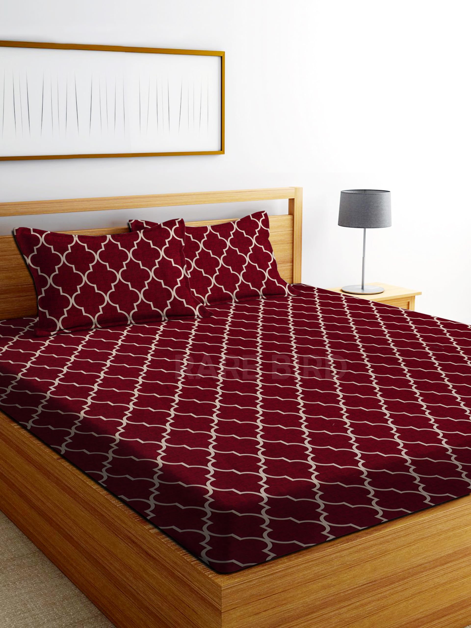 RAREBIRD 100% King Size Glace Cotton Feel 210 Tc All Over Elastic Fitted Size (72"x78"x8" inch) Double Bedsheet with 2 Pillow Covers Color_ (Red Carpet)-image-7