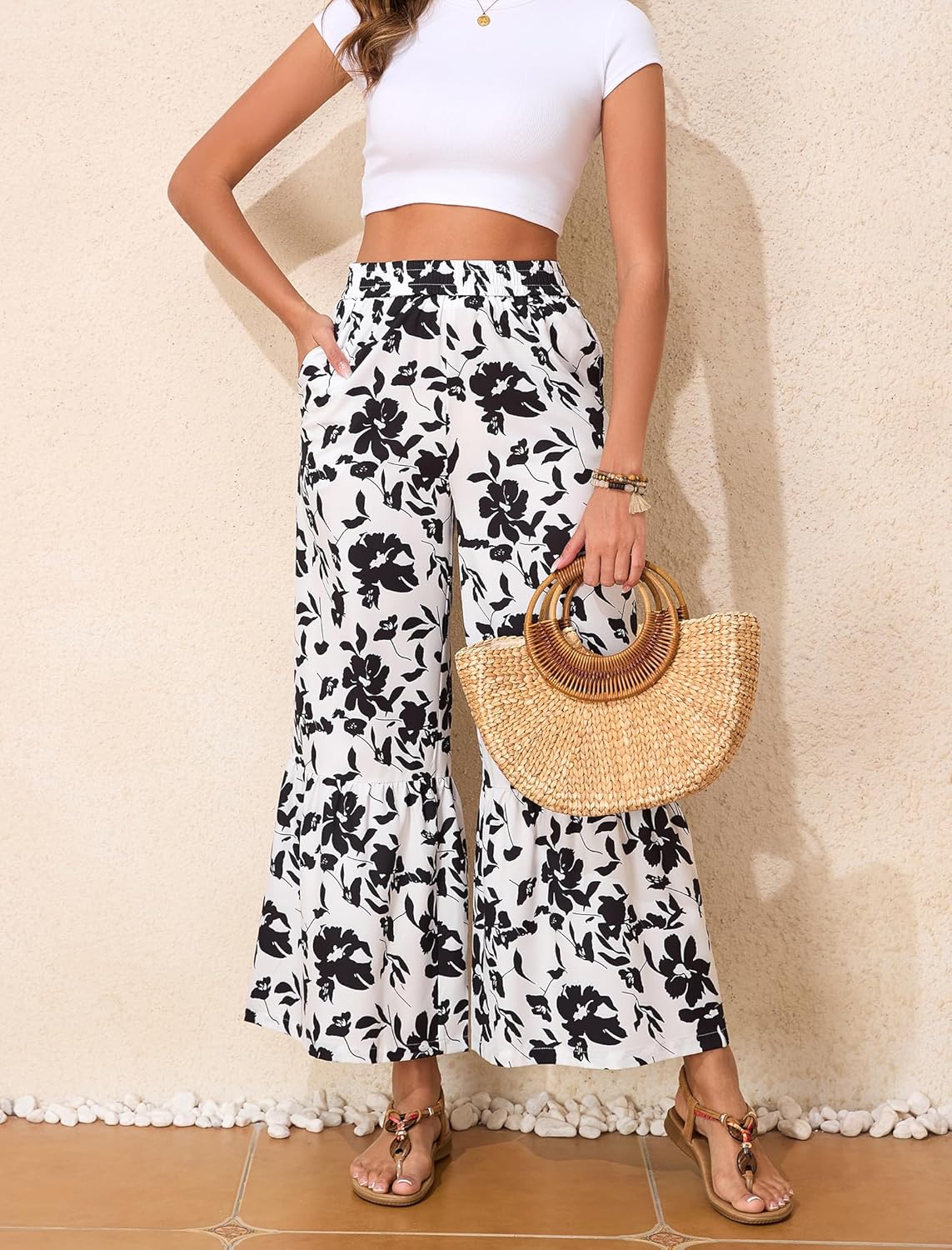 Palazzo Pants for Women Summer Beach Elastic Waisted Trousers with Pockets Wide Leg Loose Fit Pants Black Floral L - Image 2
