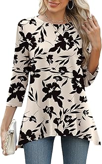 LOMON 3/4 Sleeve Tunic Tops for Women Loose Fit Dressy Casual Blouse Flowy Shirts to Wear with Leggings S-3XL