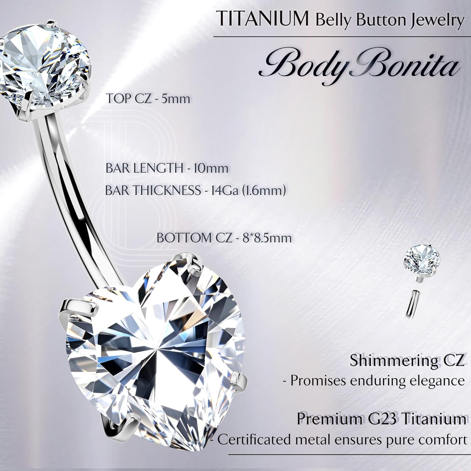BodyBonita G23 Titanium Belly Button Rings - 14G Internally Threaded 14mm Belly Ring Round Square Star Teardrop CZ Navel Rings for Women - Image 2