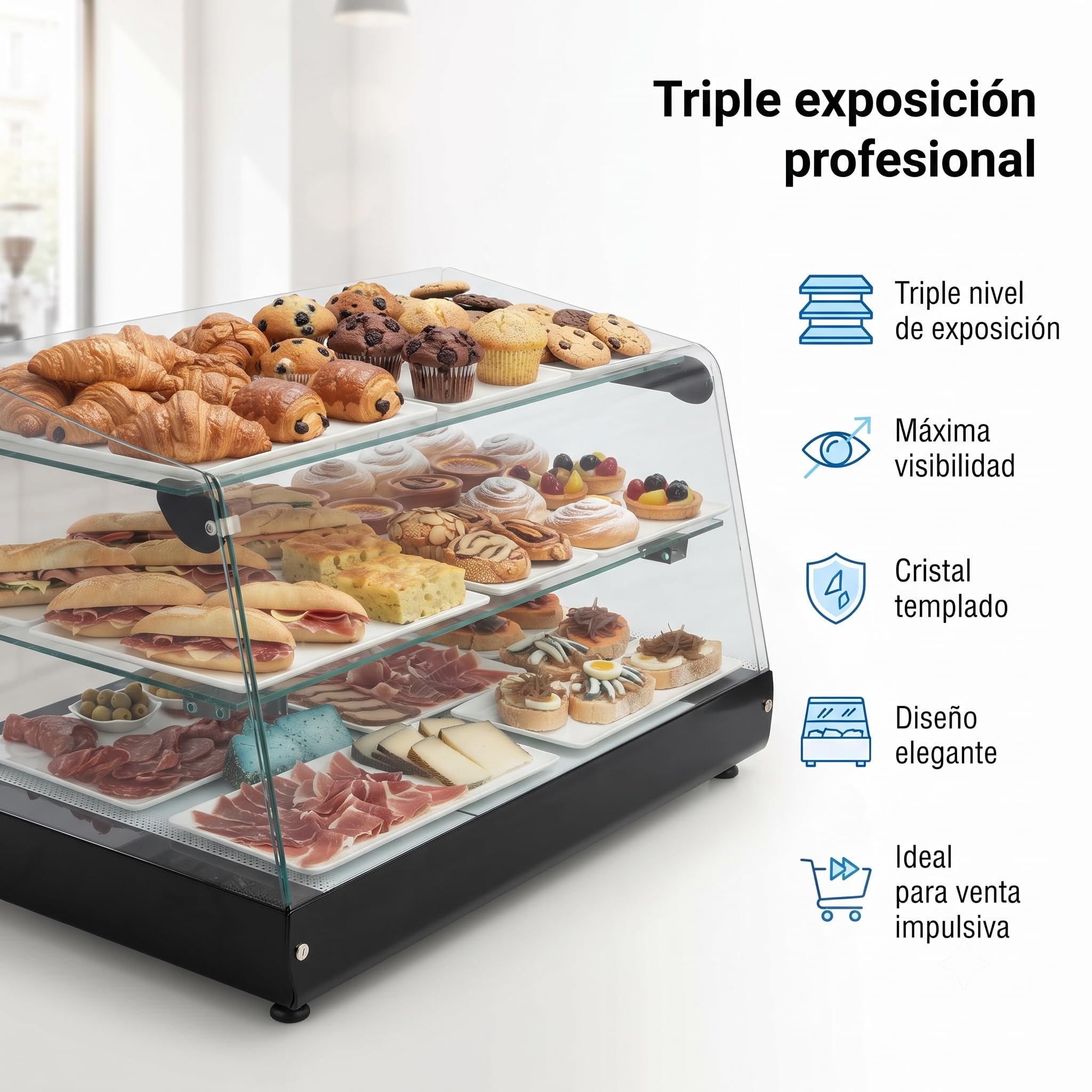 Vitrina Expositora Neutra de Cristal 180,8 x 39 x 34,3 cm, 3 Niveles, Acero Inoxidable, para Bar y Mostrador
