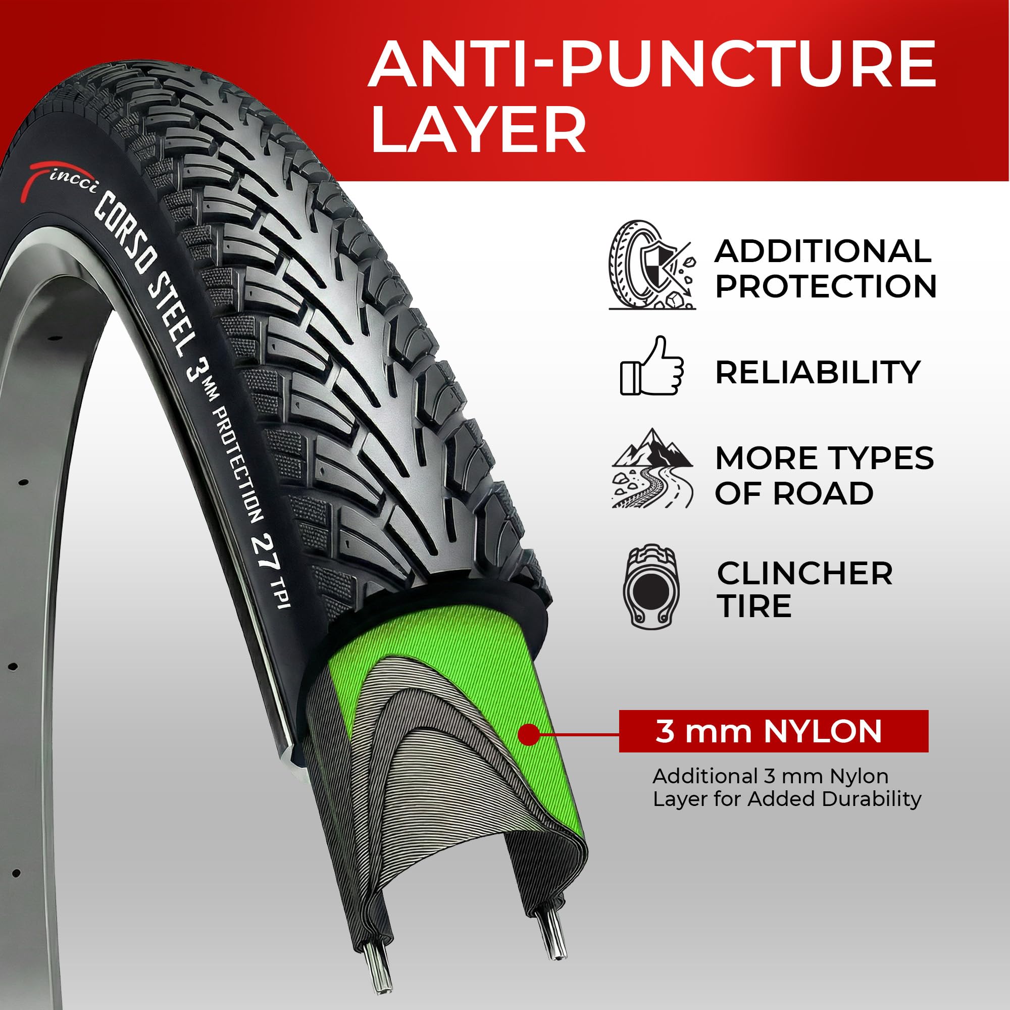 Fincci Pneu 26x1.95 50-559 Pliable avec Protection Anti-Crevaison 3mm | Pneu Velo 50-559 26x1.90 avec 27 TPI et Pression Maximale 50 PSI pour une Protection Renforcée - Lot de 2