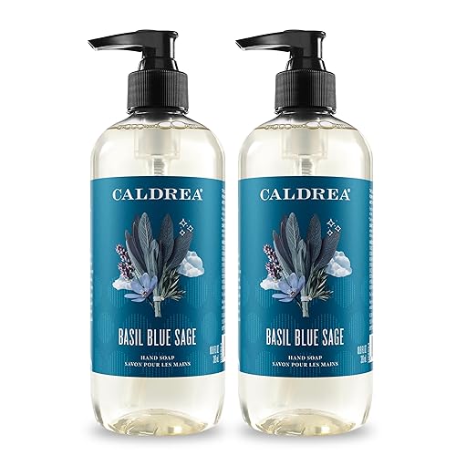 Caldrea Jabón de lavado de manos, gel de aloe vera, aceite de oliva y aceites esenciales para limpiar y acondicionar, salvia azul albahaca, 10.8