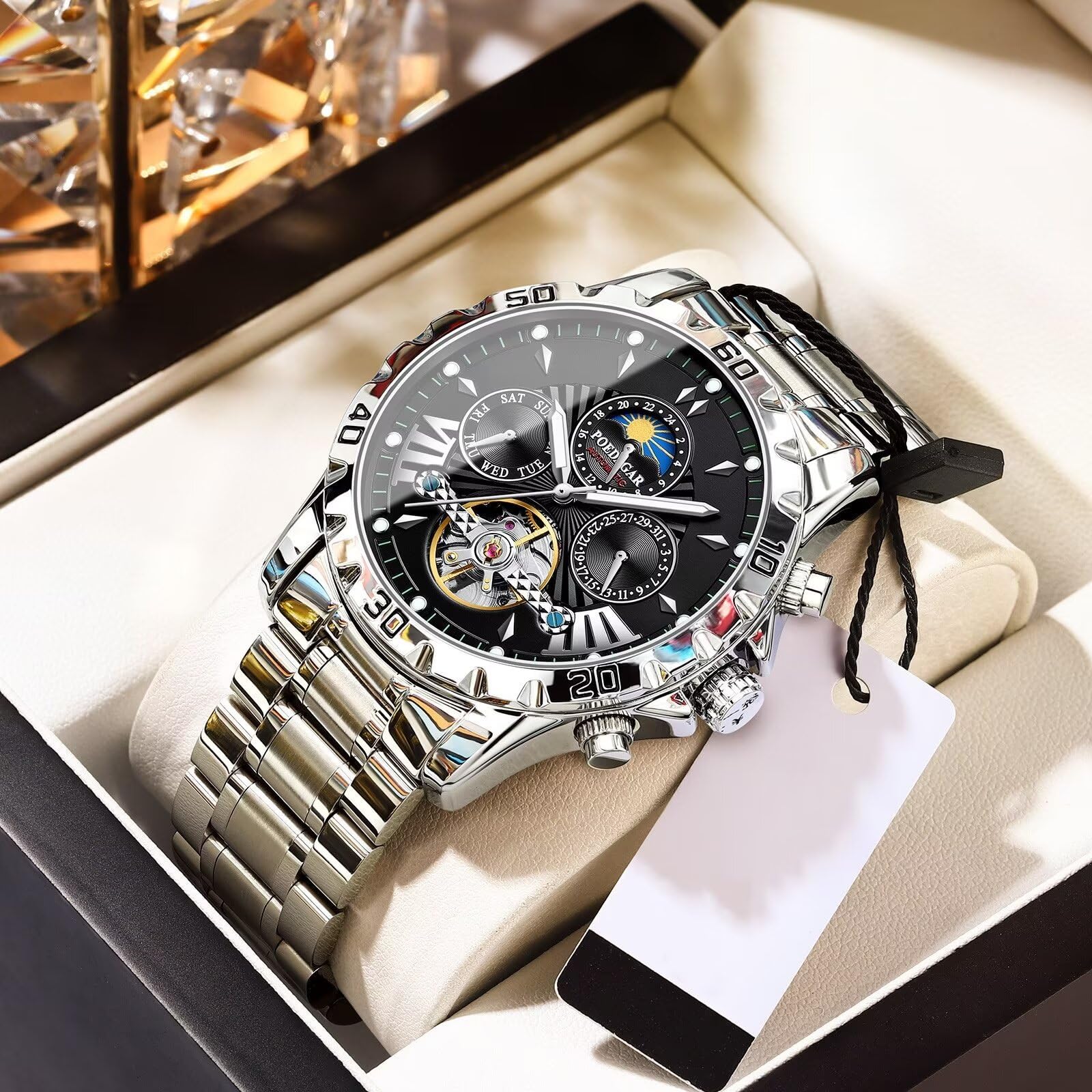 Orologio da polso da uomo, alla moda, con tourbillon, orologio meccanico da uomo, cinturino in acciaio inox, fasi lunari, orologi automatici impermeabili e luminosi