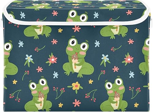 Miniatura 1 de Kigai Cesta de almacenamiento de ranas lindas con tapa contenedor plegable de tela organizador de armario para el hogar dormitorio oficina 1 paquete