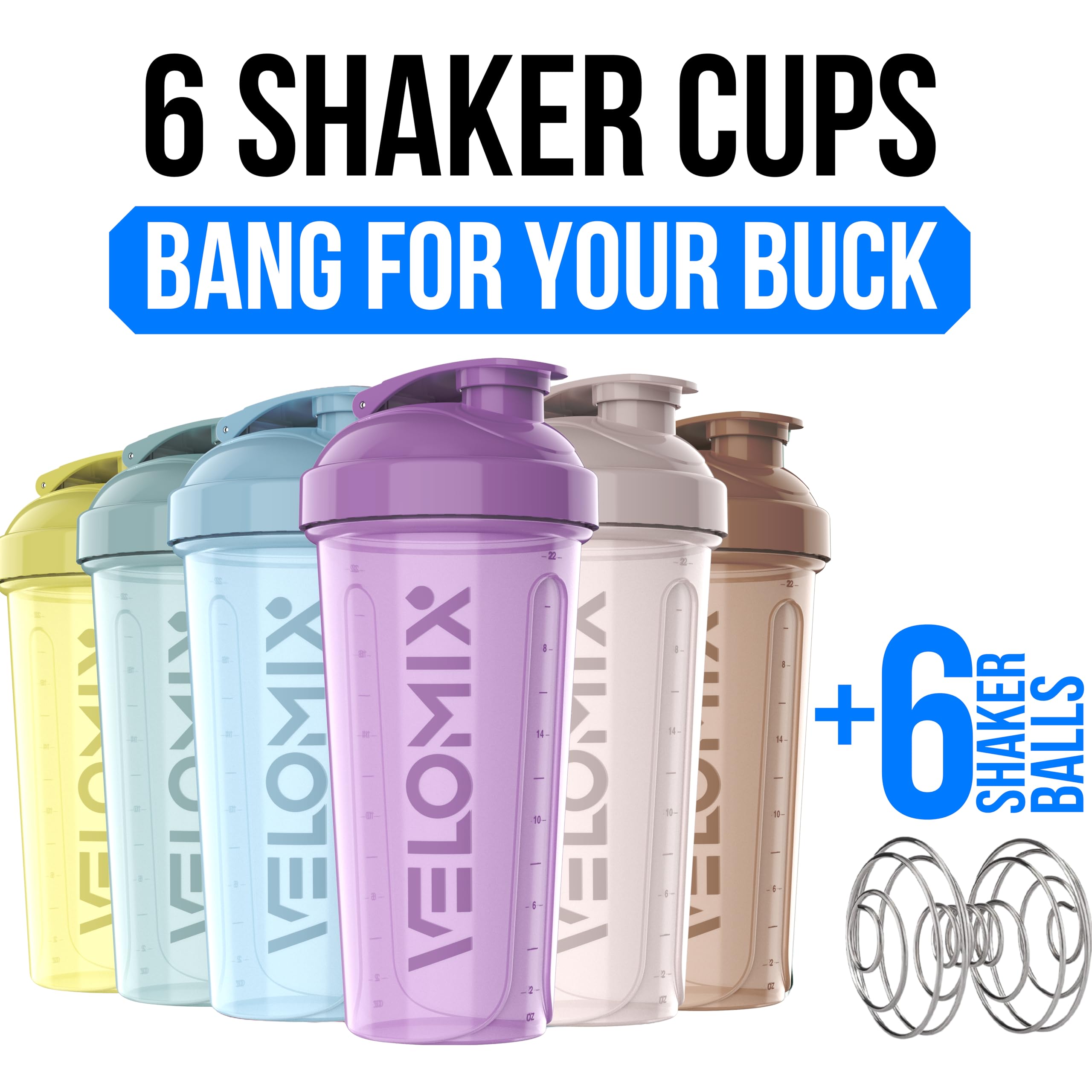 VELOMIX Paquete de 6 botellas mezcladoras de proteínas de 28 onzas para mezclas, 6 bolas de batidor de alambre, vasos a prueba de fugas para suplementos, gimnasio y fitness sin BPA (serie Pastel Power