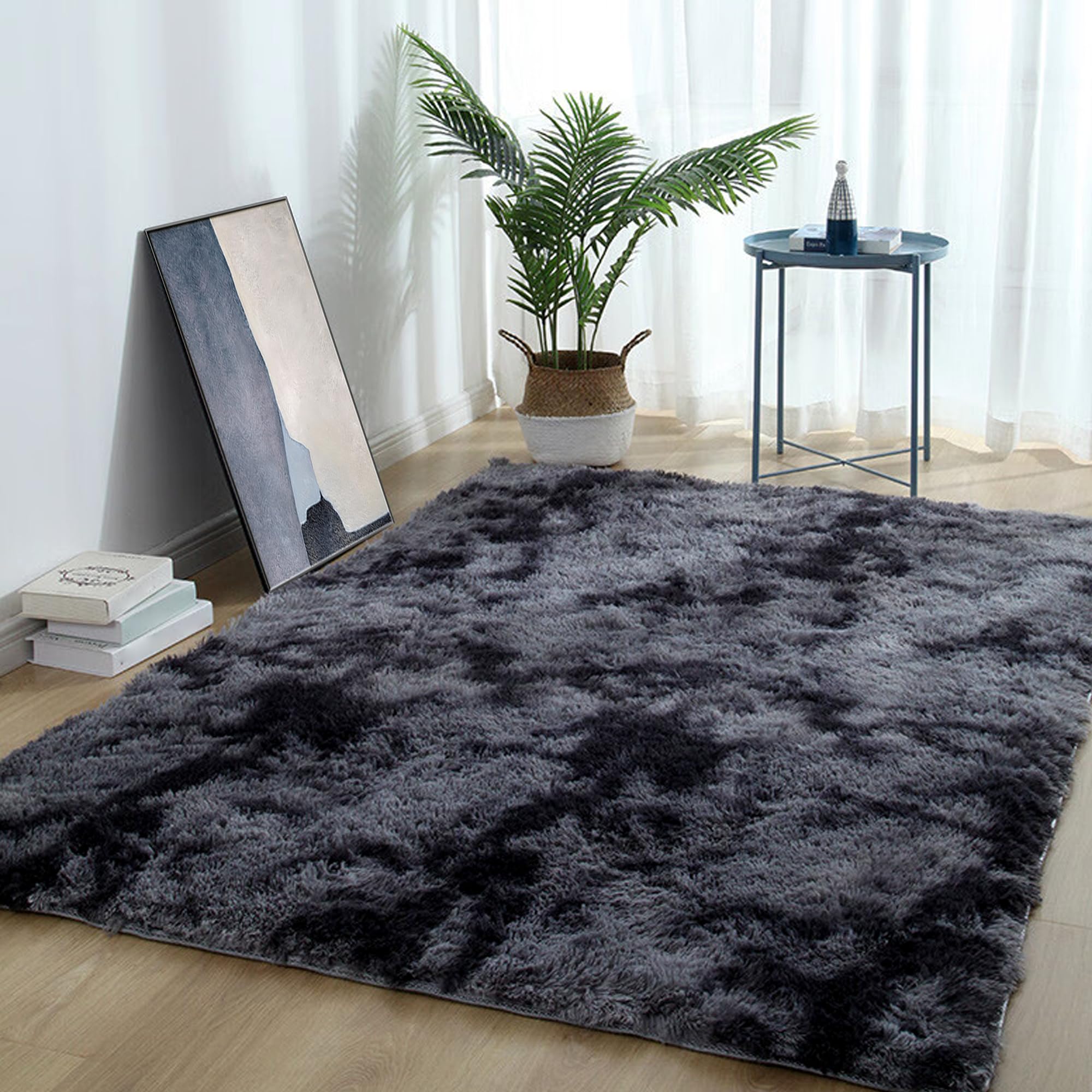 Tapis chambre poil long anti-sol froid grand format 100x310 cm gris foncé