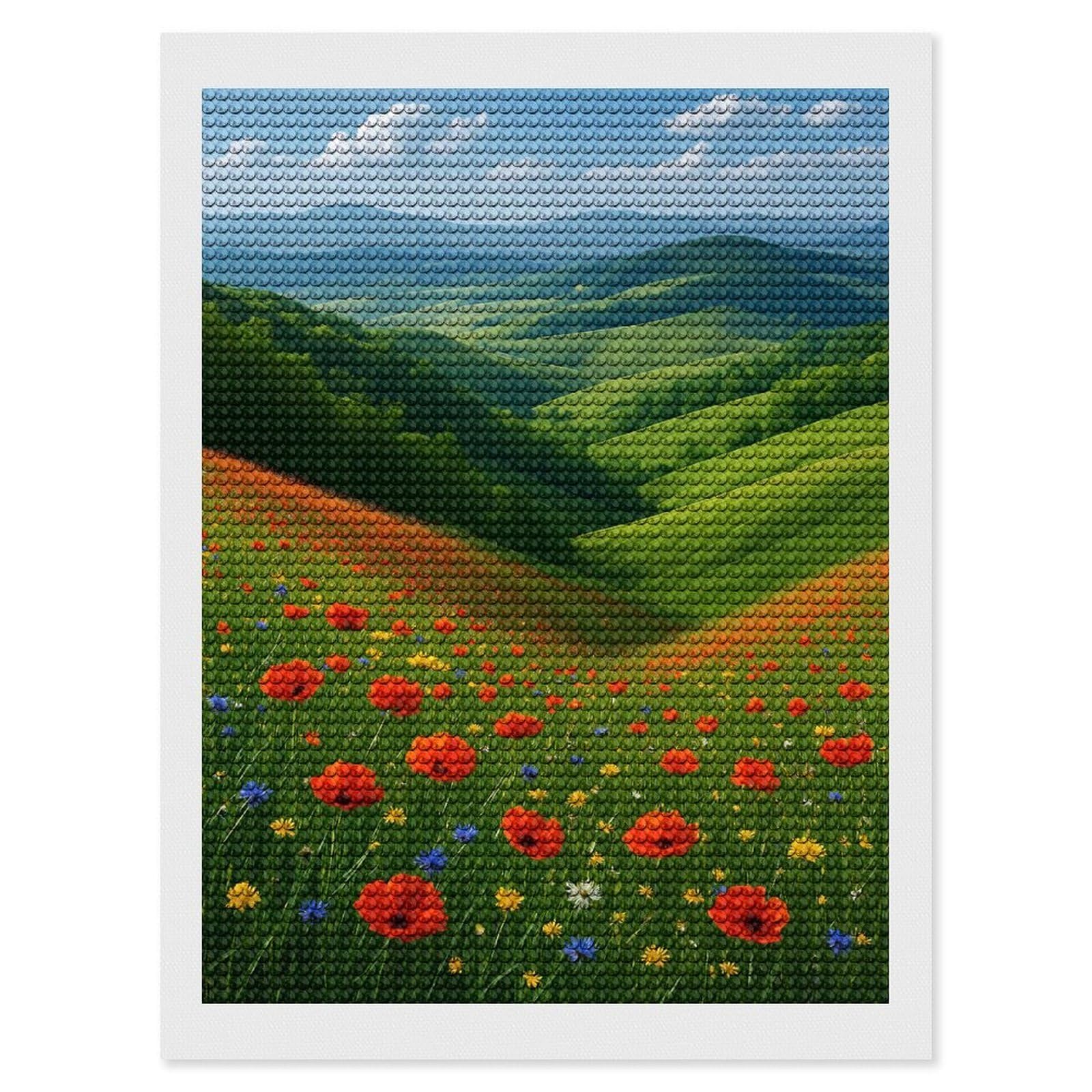 Junmoney Rolling Hills with Poppies Diamond Art Canvas 12"x16", for Teens, Nice Detail and Sparkle, Farmhouse Decor, Festive Craft Gift, Easy to Enjoy