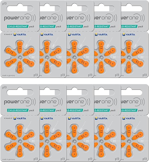 Power One Hearing aid Batteries Size 13 - p13 Battery for Hearing aid, Long-Lasting. Mercury-Free 1.45v zinc-air Hearing aid Batteries (60 Batteries), Orange