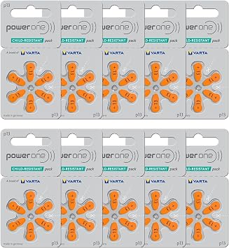 Power One Hearing aid Batteries Size 13 - p13 Battery for Hearing aid, Long-Lasting. Mercury-Free 1.45v zinc-air Hearing aid Batteries 60 Batteries, Orange