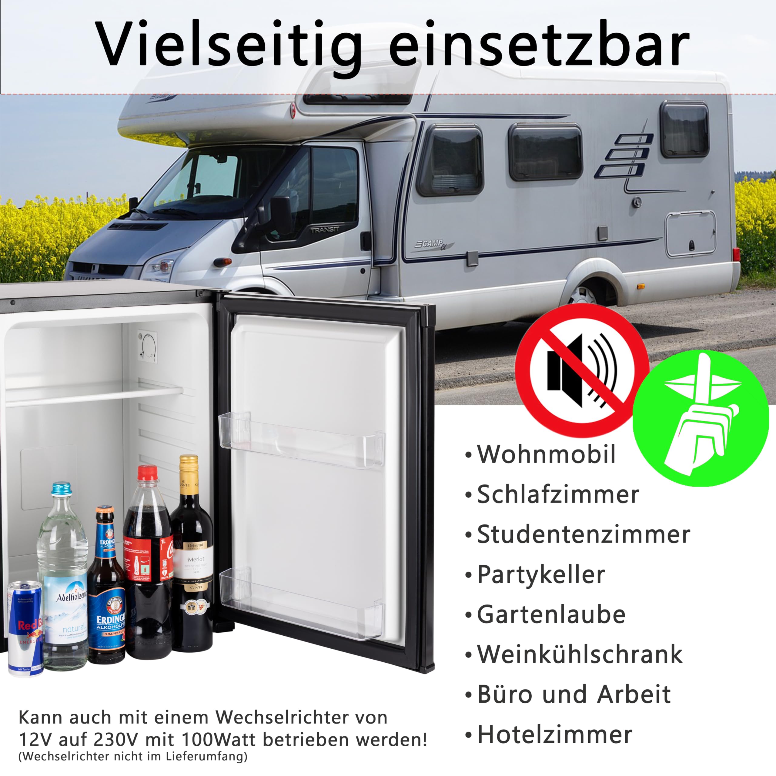 40 Liter Mini Kühlschrank LAUTLOS geräuschlos, Minibar mit Schloss, 5°-18°C