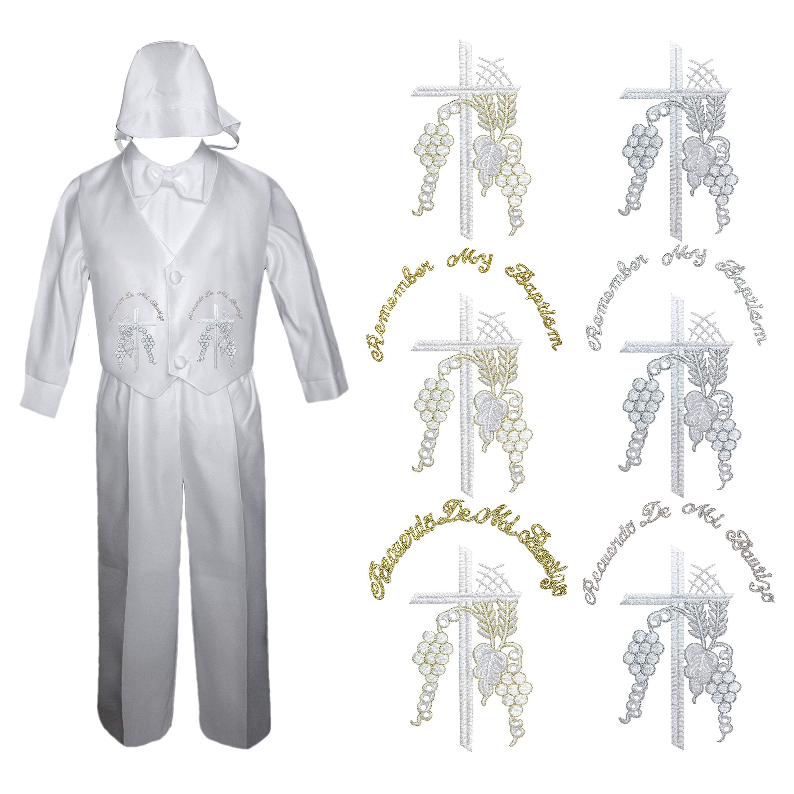 4 PC Baby Boys Christening Baptism Communion Pants Set Gold or Sliver Embroidery Thin Cross Grapes SM-4T (Sm (0-6 Months Old), Thin Cross Gold - Spanish)