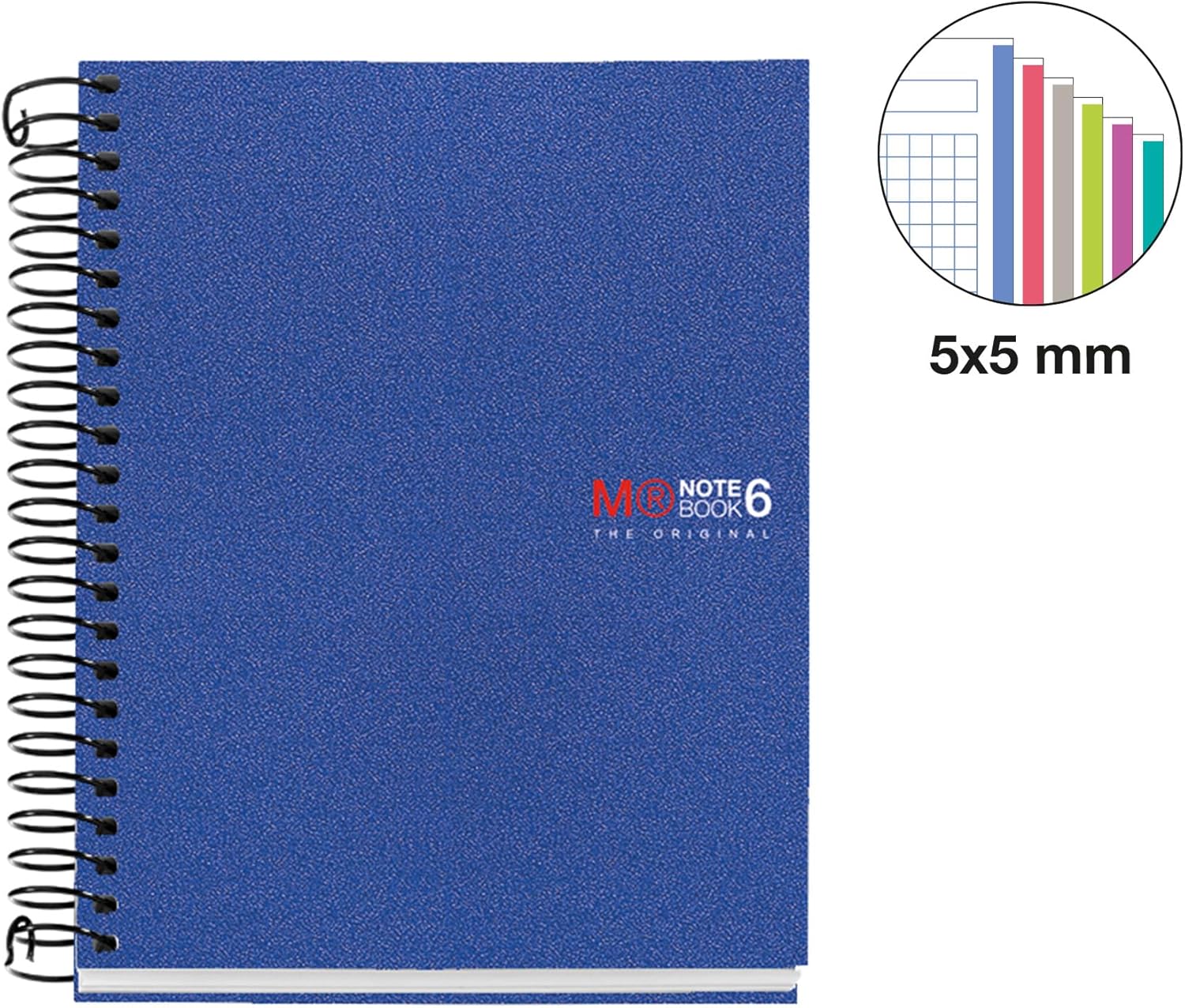 Miquelrius - The Original A6 Notebook, 6 Coloured Stripes, Opaque Polypropylene Cover, Size 105 x 148 mm, No Drilling, 150 Sheets of 70 g/m², 5 mm Square, Blue