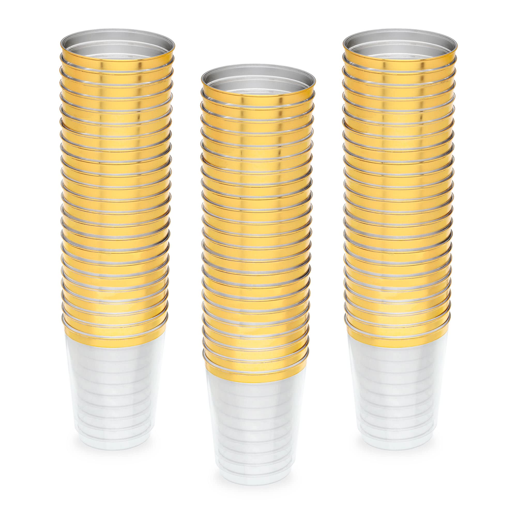 STACKABLES~ 10oz Pack of 50 Hard Plastic Tumblers ~ 300ml Multi-Use Clear Tumbler with Gold Rim ~ Reusable Elegant Party Cups for Picnic Parties Travel & Events