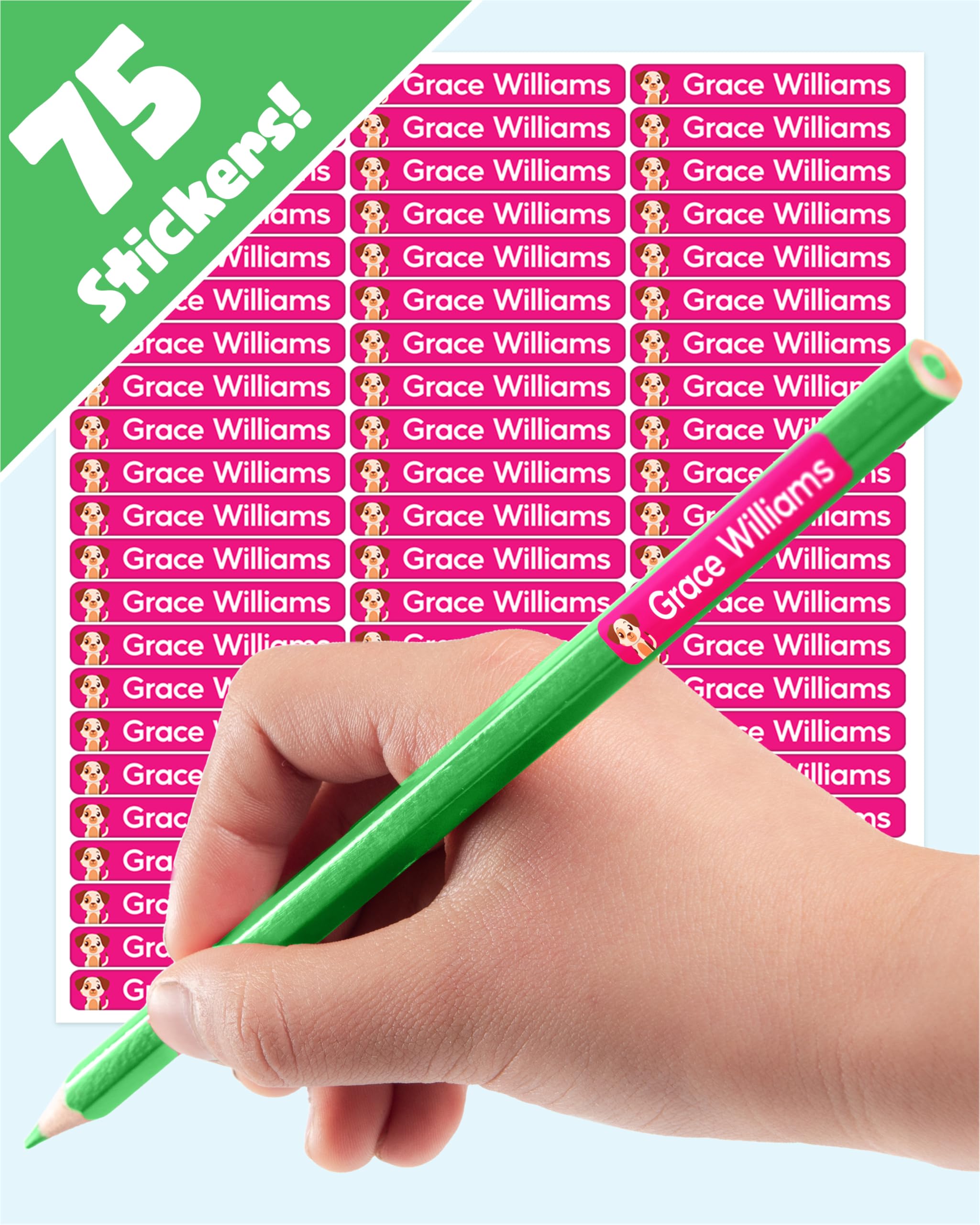 LabelTiger® Personalised Small Name Labels for School Supplies - (75 Pieces) - Self-Adhesive, No-Iron, Waterproof Tags for All Ages - Ideal for Pens, Pencils, Markers & Stationery - Pink