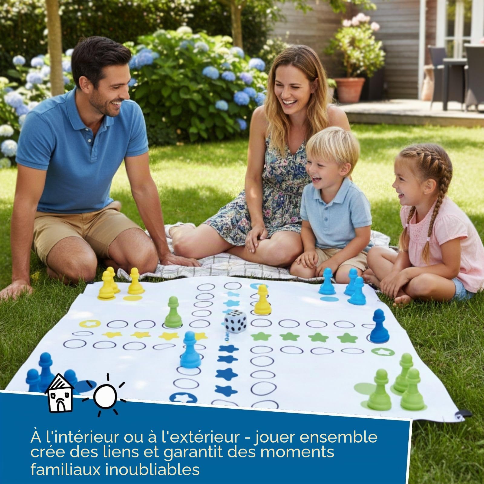 alldoro 60060 Garten Ludo, XXL Jeu de société d'extérieur avec 16 pions et Un dé, avec Motif de Jeu de Course, Jeu pour Enfants à partir de 3 Ans et Adultes