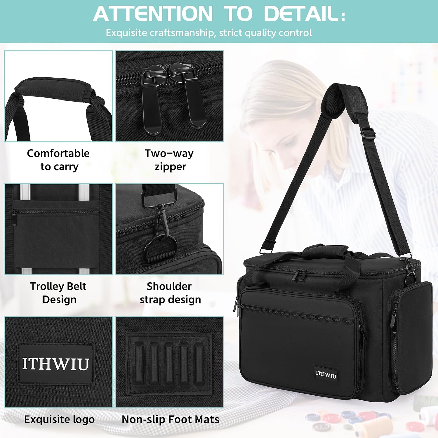 Sewing Machine Case with Wheels, Universal Rolling Trolley Tote with Shoulder Strap & Multiple Storage Pockets Compatible with Most Standard Singer, Brother, Janome, Black