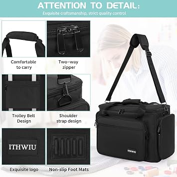 Sewing Machine Case with Wheels, Universal Rolling Trolley Tote with Shoulder Strap & Multiple Storage Pockets Compatible with Most Standard Singer, Brother, Janome, Black