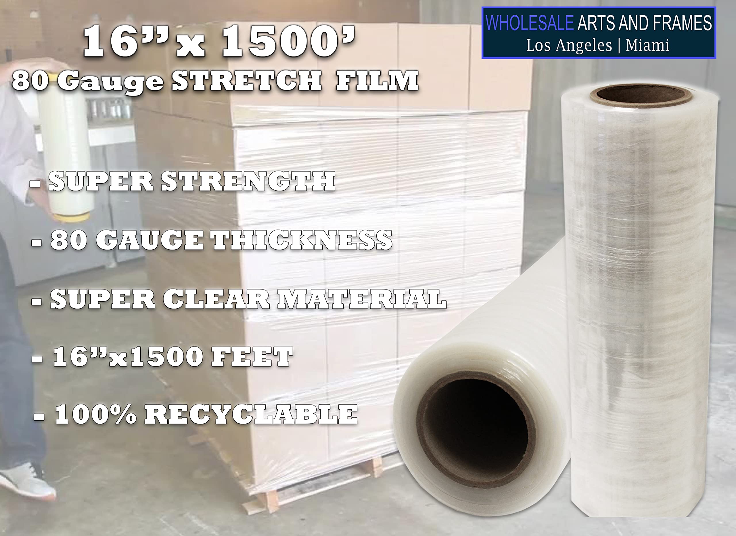 WholesaleArtsFrames-com folia stretch 40 cm x 1500' / owijka na paletę 96 rolek o grubości 80 mm wytrzymałość przemysłowa 20 mikronów przezroczyste przylegające opakowanie do przenoszenia wytrzymałej