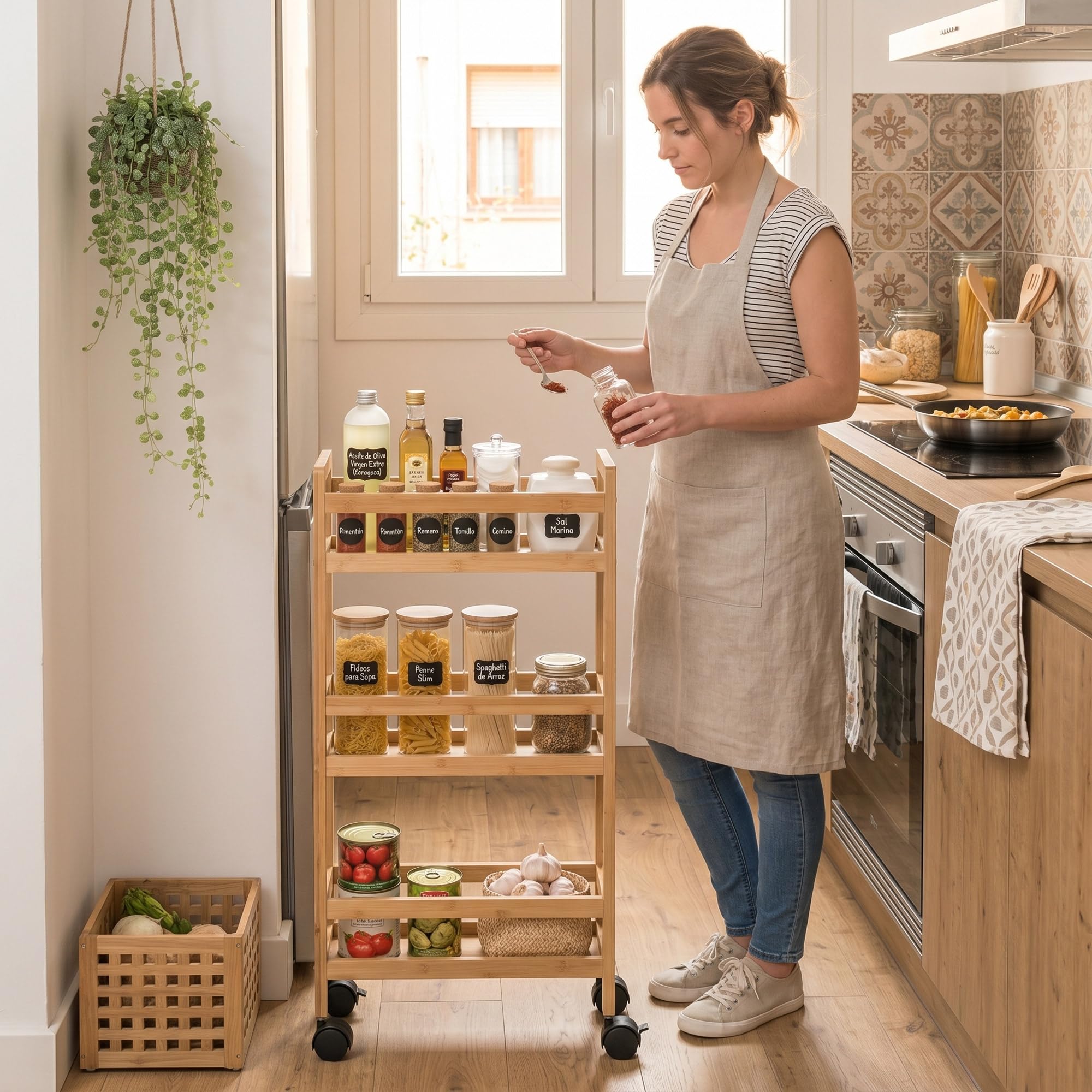 Well Home - Carrello ausiliario in bambù con ruote, 36 x 15 x 74,5 cm, 3 livelli, ideale per cucina, bagno e ufficio, salvaspazio