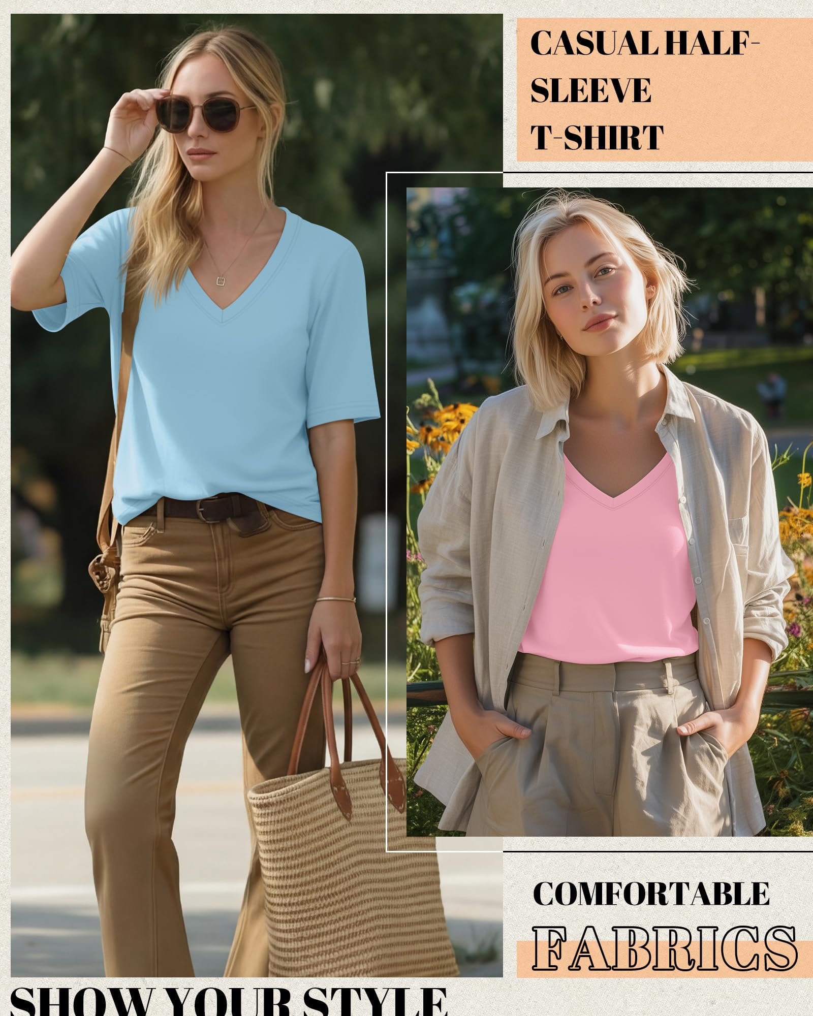 Geyoga Lot de 4 T-Shirts Femme Col V | Manches Mi-Longues, Coupe Décontractée, Ourlet Droit, Tops D'Été, Confortables, Respirants