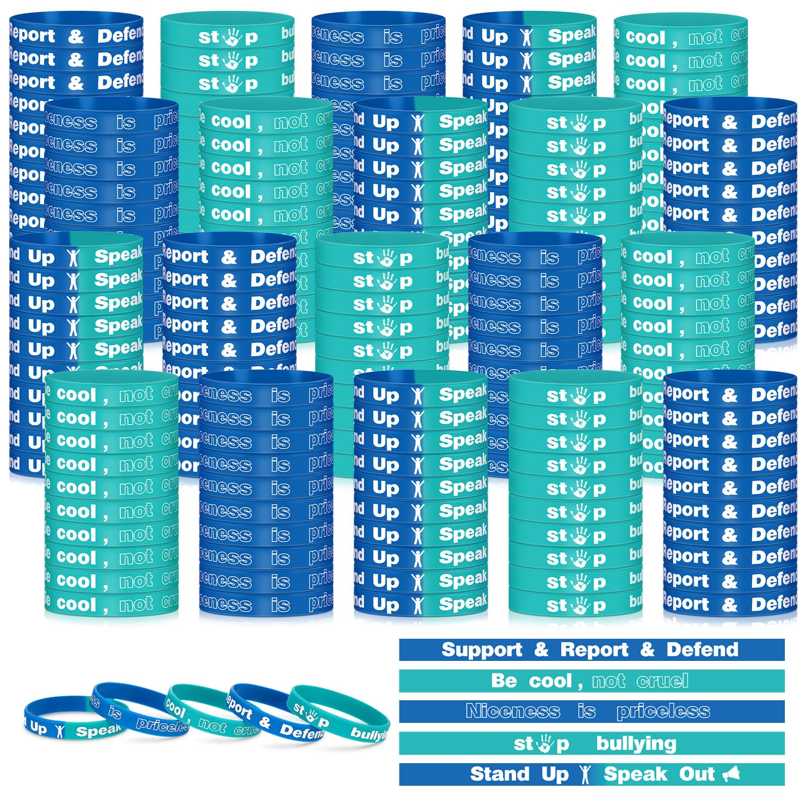 Jenaai Anti Bullying Wristbands Bulk Silicone Bracelet Against Bullying Silicone Bands for Anti Bullying Awareness Fundraising, 5 Styles