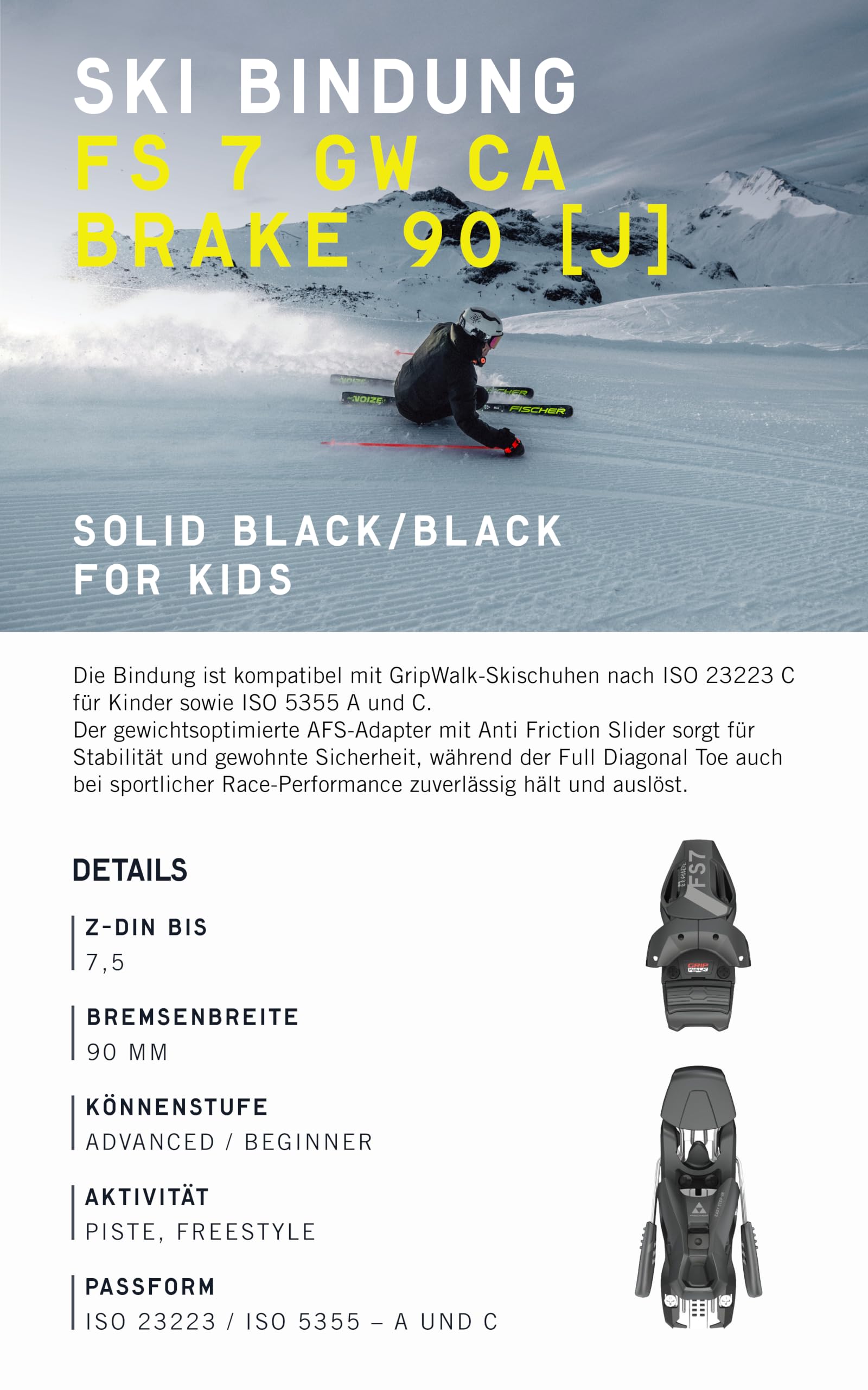 Fischer FS7 GW CA Skibindung Junior, Brake 90, Z-DIN 2-7.5, Schwarz