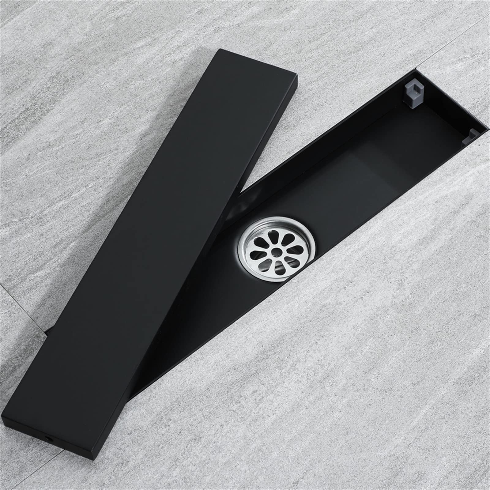 Caniveau Douche Italienne, 2 en 1 Drain de Douche Acier Inoxydable Drain de Plancher Siphon de Sol avec Bride, Détachable Capot Bonde Douche Anti-Odeur Filtre Cheveux Douche,Noir