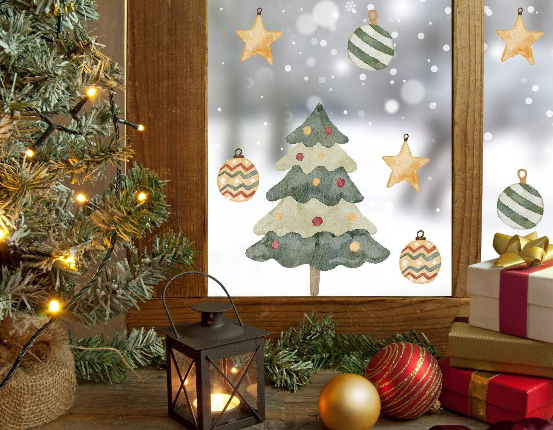 Quotemywall Christmas Tree & Baubles Quote My Wall Christmas Tree Window Stickers Decorations For Home Shop Decals - Removable Kids Snowy Xmas Tree Window Films (Christmas Tree & Baubles)