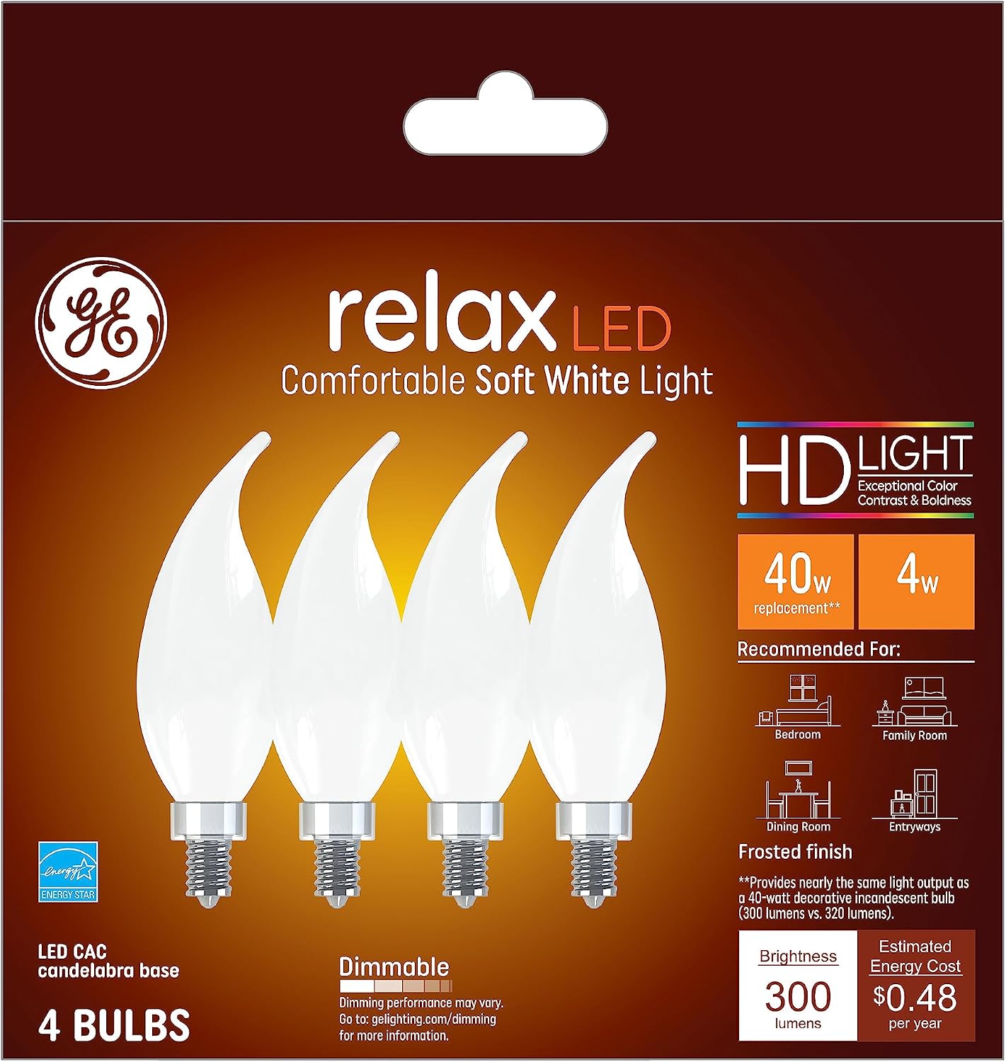 GE Lighting Relax LED Light Bulbs, 40 Watt Eqv, Soft White HD Light, Decorative Bulbs, Small Base, Frosted (4 Bulbs)