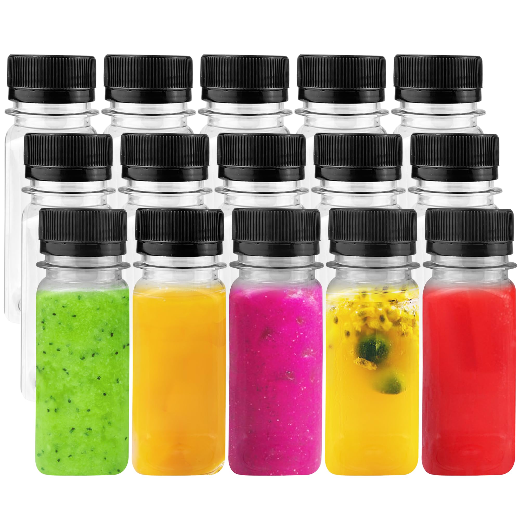 MUMULULU 15 PCS 2 Oz Small Plastic Juice Bottles with Caps Mini Juice Containers for Juice Ginger Shot Milk Sample and Other Travel Bottles