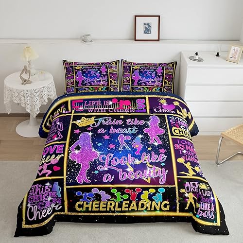 Juego de edredón de porristas tamaño individual para niños y niñas, jóvenes, juego de ropa de cama de lentejuelas neón de color arcoíris, juego de