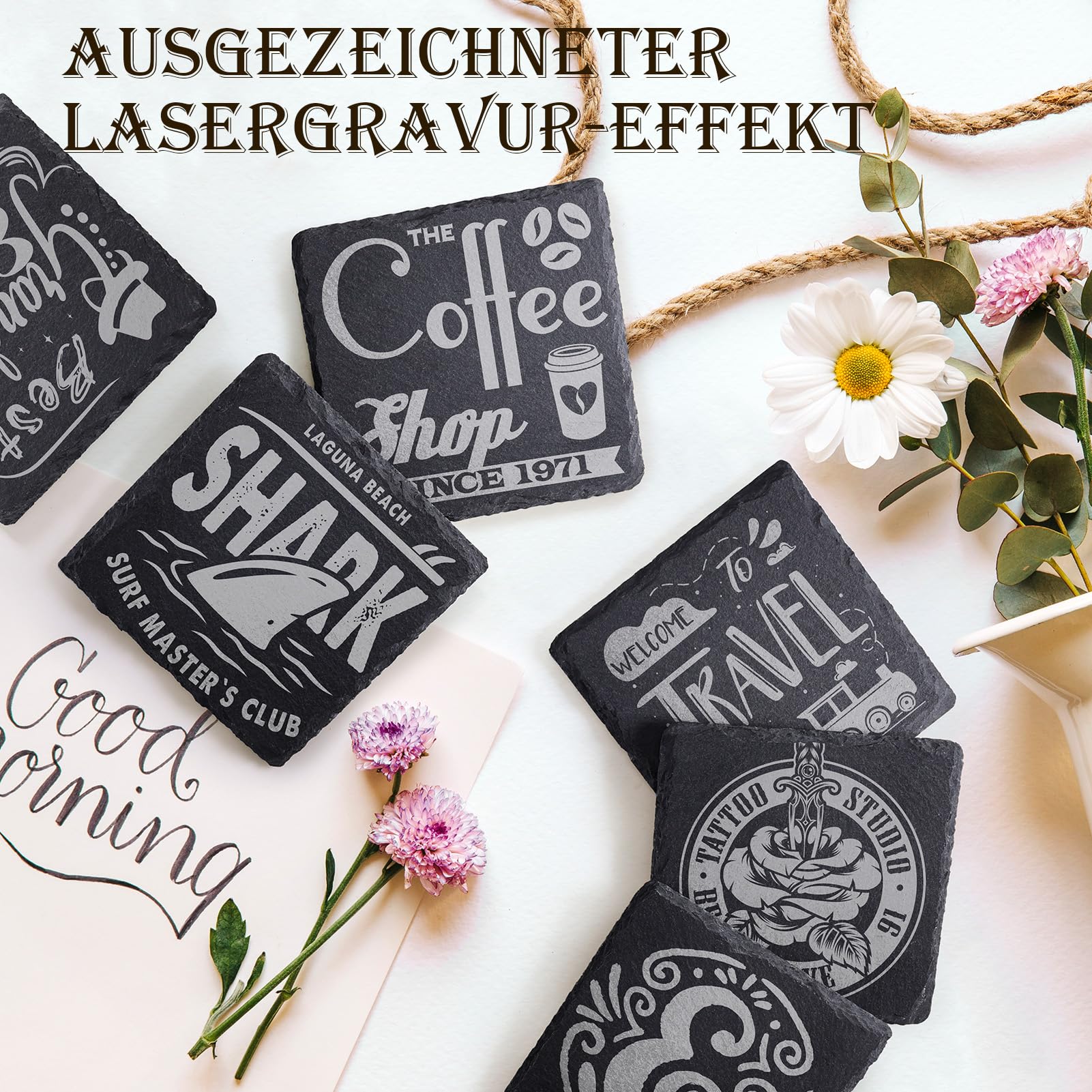 60 Stück Schiefer-Getränkeuntersetzer, GOH DODD 4 Zoll Schwarze Steinuntersetzer Set, Lasergravierte Blanko-Untersetzer mit Anti-Kratz-Boden für Zuhause, Büro, Küche, Wohnung, Bar, Quadrat