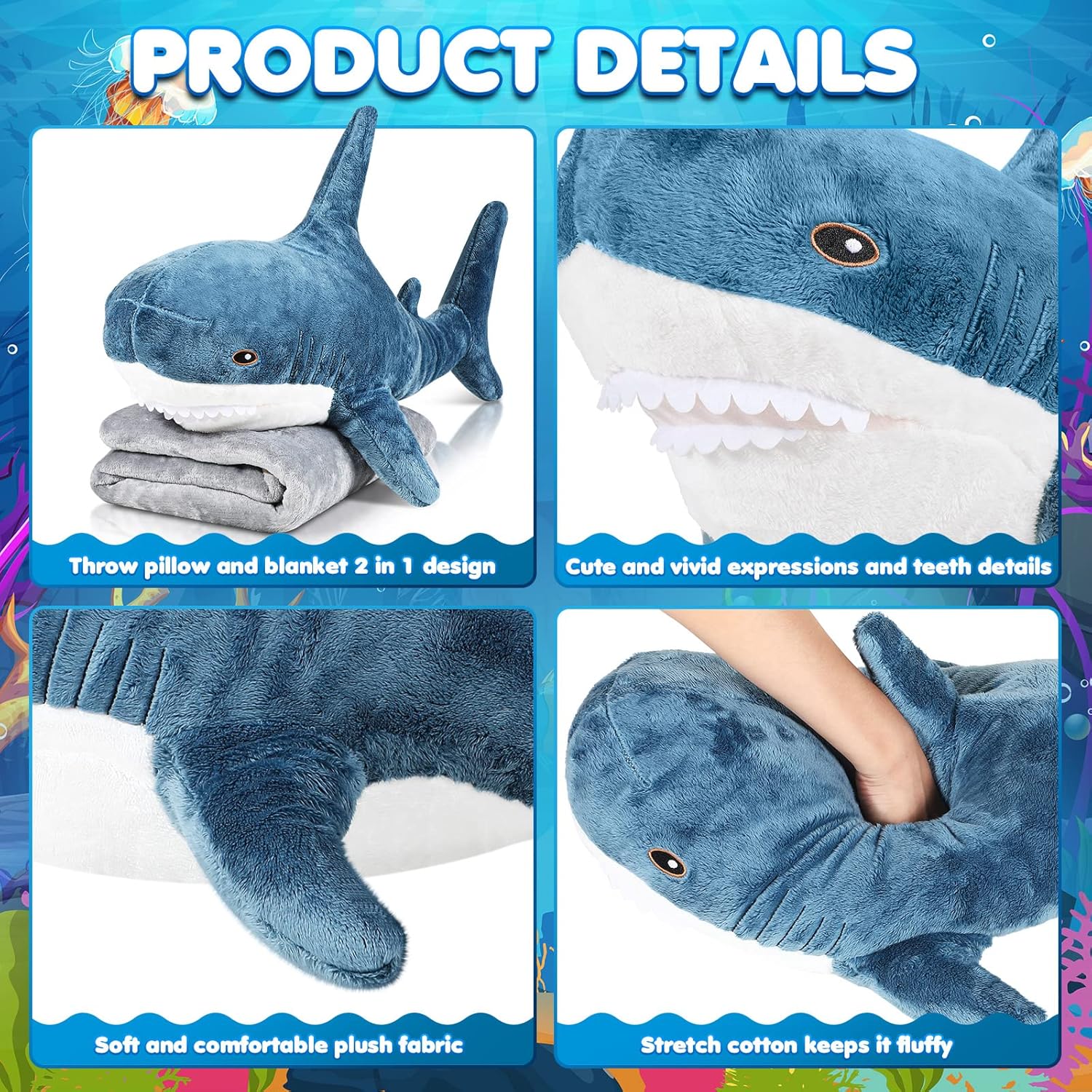 HyDren Shark Stuffed 2 in 1 Plush Toys Animal Shark with Blanket 32 Inch Giant Big Large Stuffed Pillow Blanket Soft Doll for Baby Toddlers Kids Boys Girls Women Home Room Decor Gifts(Dark Blue)