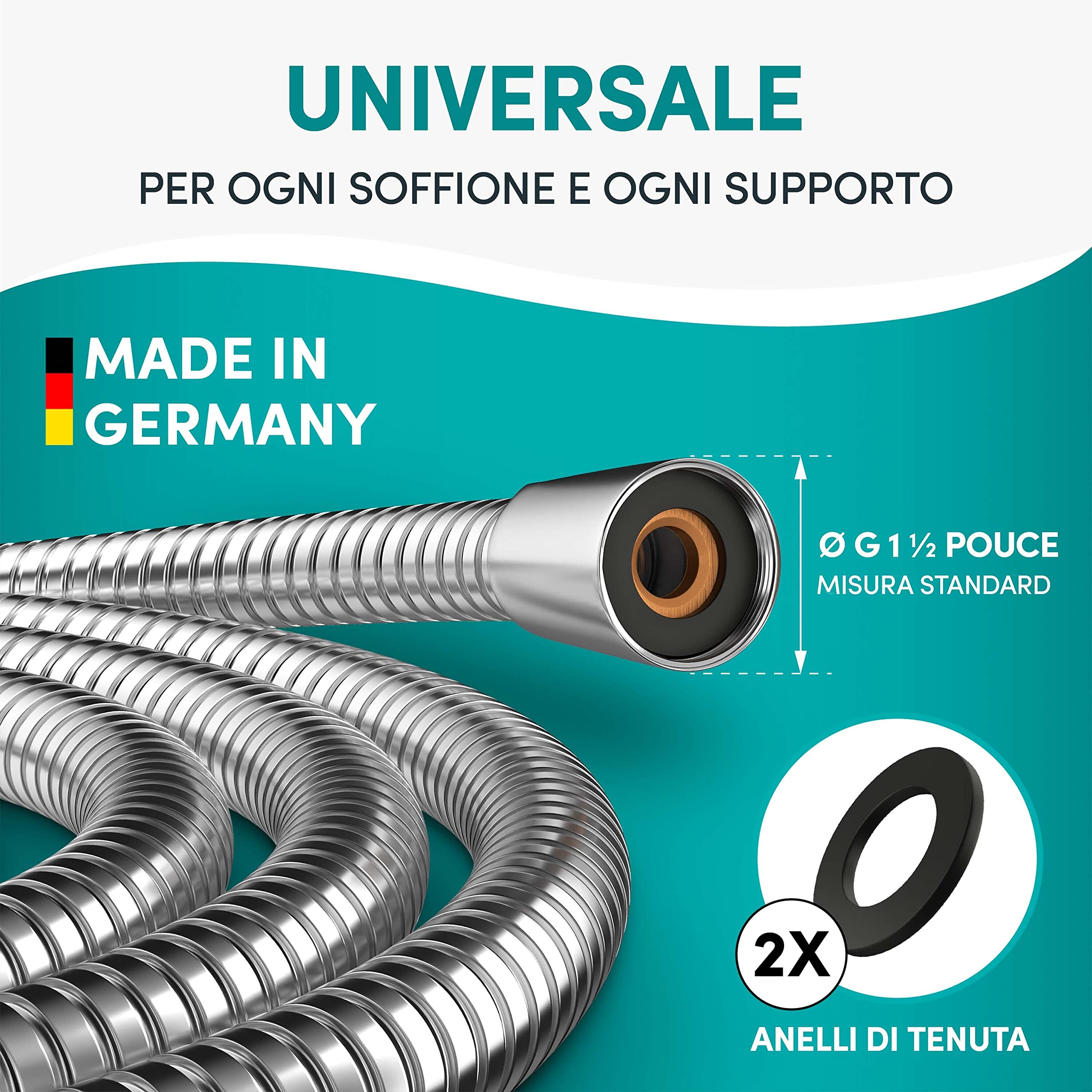Engelbach® Tubo Doccia Flessibile 1,6m – Doppia Protezione Antitorsione – Acciaio Inox, Attacco Universale ½" – Flessibile, Resistente, Made in Germany