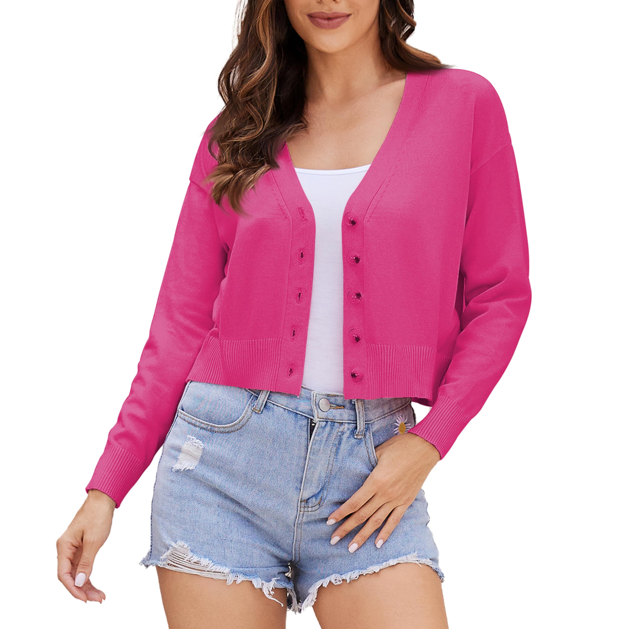 Satuun Women's V Neck Long Sleeve Cropped Cardigan Sweaters Bolero Shrugs