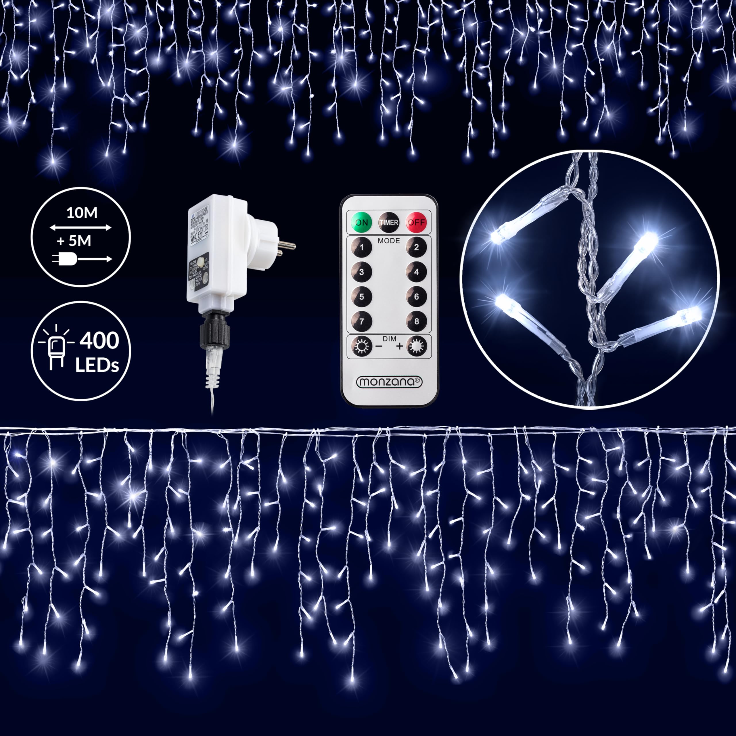Deuba Lichtgordijn 400 LED warm wit met Afstandsbediening 8 Lichtmodi Timer Dimbaar Binnen en buiten Lichtketting 15 mtr