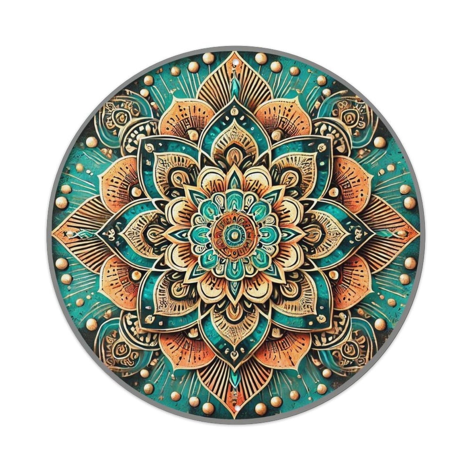 Teal And Orange Mandala Pattern Retro Metal Tin Sign, Vintage Metal Poster for home, Gaming Room, Studio Workshop,Bar,Garage Wall Art Decor 8x8 inch