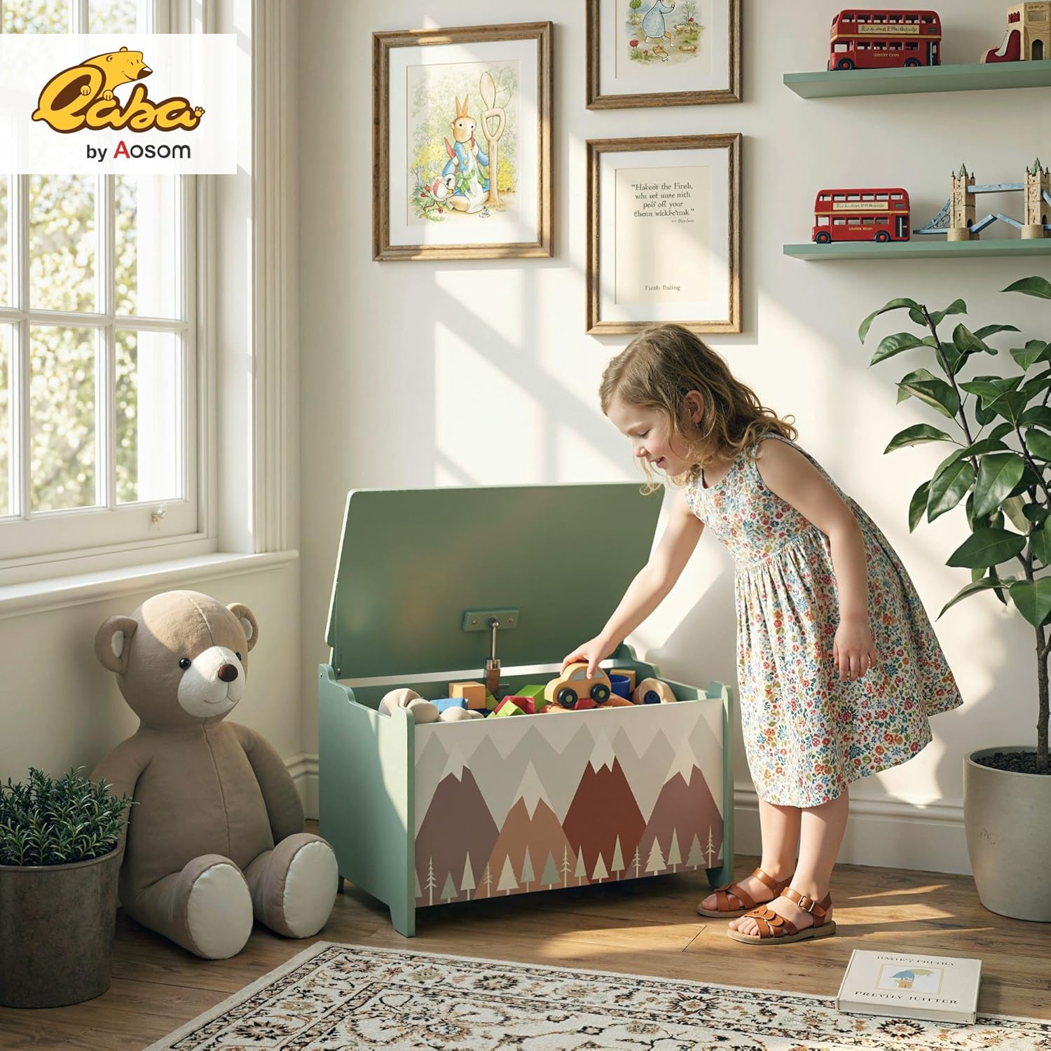Child interacting with the Qaba toy storage chest, showing its use in a child's room.